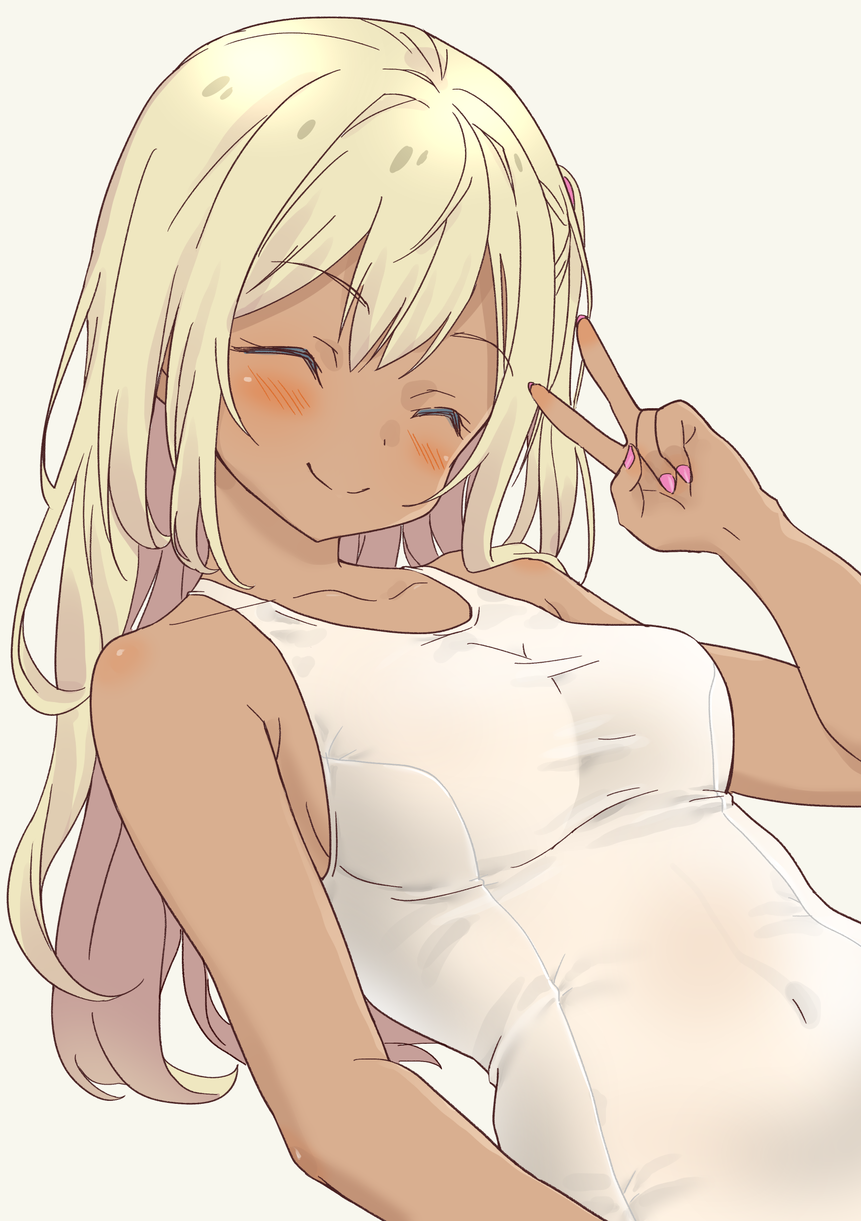 daipunch, galzaki-san (daipunch), original, absurdres, commentary request, highres, 1girl, blonde hair, blush, breasts, closed eyes, collarbone, covered navel, dark-skinned female, dark skin, gyaru, long hair, one-piece swimsuit, pink nails, side ponytail, smile, solo, swimsuit, upper body, v, white background, white one-piece swimsuit