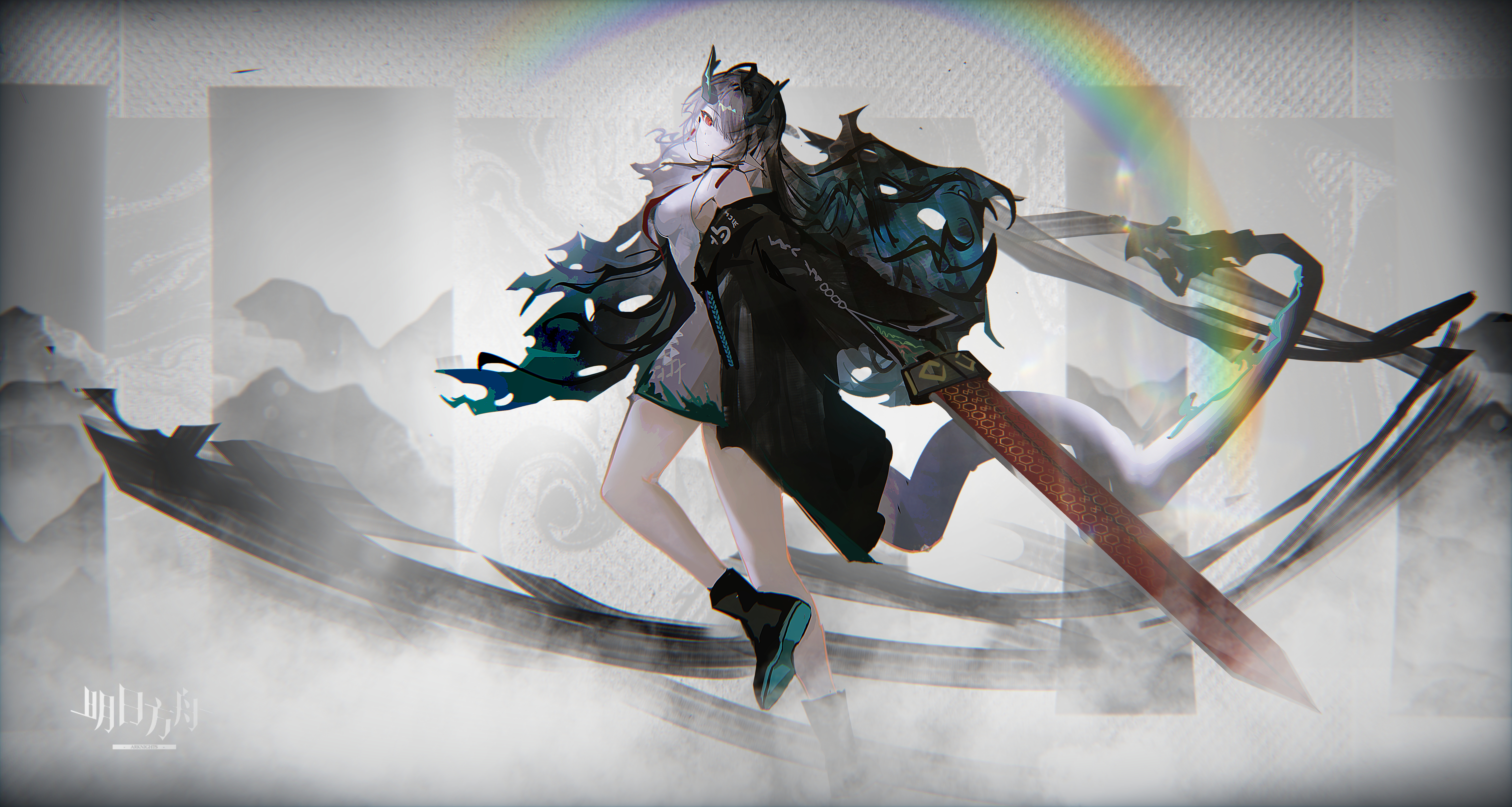 yang xi dd, dusk (arknights), arknights, absurdres, highres, 1girl, black hair, colored skin, dragon girl, dragon horns, dragon tail, earrings, eastern dragon tail, gradient skin, green hands, green horns, green skin, hair over one eye, horns, jewelry, pointy ears, red eyes, tail, tassel, tassel earrings