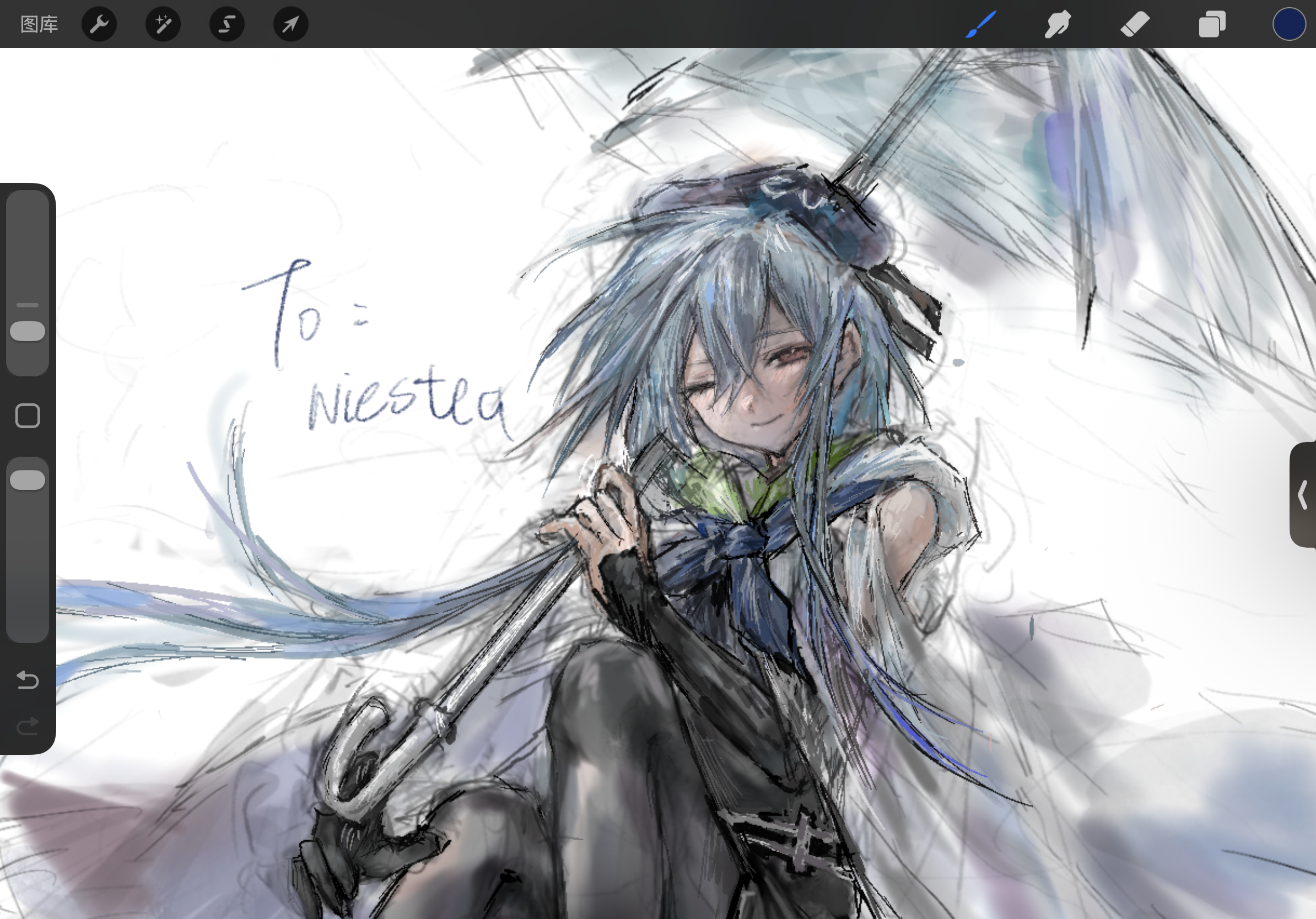 mizuki (arknights), arknights, highres, procreate (medium), 1boy, androgynous, art program in frame, beret, bishounen, black pantyhose, blue hair, blue neckerchief, crossed bangs, detached sleeves, english text, feet out of frame, floating hair, hat, head tilt, holding, holding umbrella, hood, hood down, light smile, looking at viewer, neckerchief, one eye closed, pantyhose, pink eyes, short hair with long locks, sitting, ssameyuki, umbrella