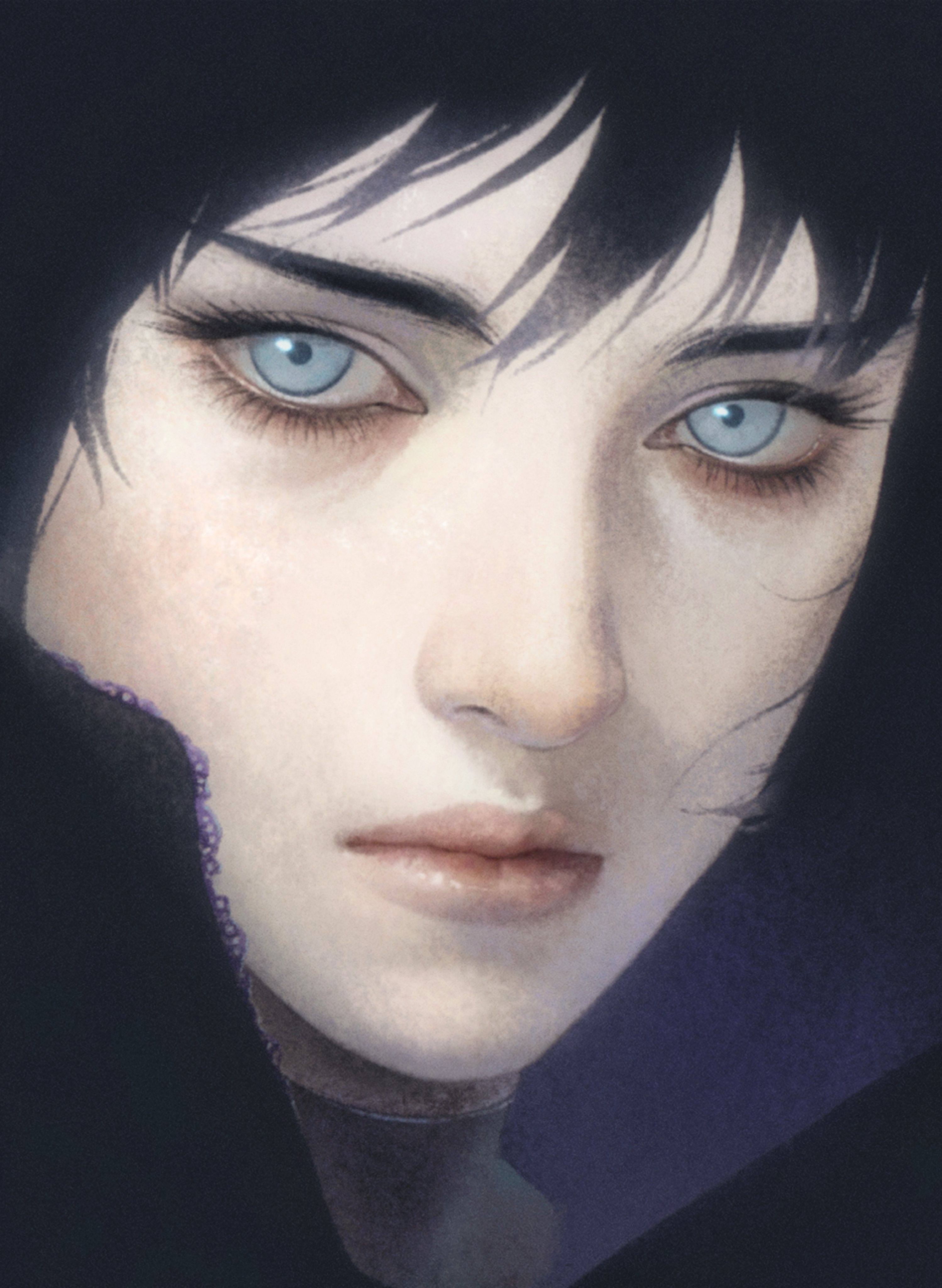 aizheajsee, ghost in the shell, absurdres, highres, 1girl, black hair, blue eyes, expressionless, head only, looking at viewer, medium hair, portrait, realistic, solo