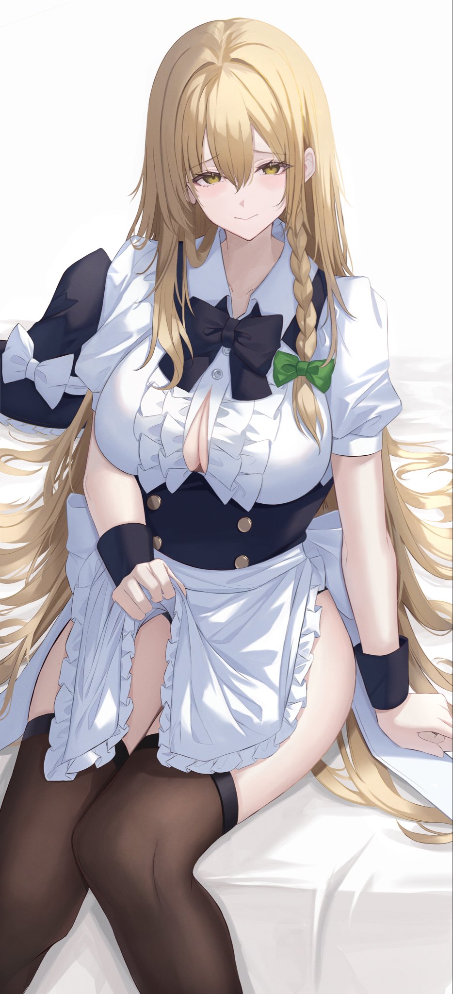 7saki, kirisame marisa, touhou, commentary request, highres, 1girl, adapted costume, apron, apron lift, black bow, black bowtie, black corset, black hat, black thighhighs, black wrist cuffs, blonde hair, blush, bow, bowtie, braid, breasts, closed mouth, clothes lift, collared shirt, corset, cowboy shot, double-parted bangs, embarrassed, green bow, hair between eyes, hair bow, hat, hat bow, knees together feet apart, large breasts, long hair, long sidelocks, looking at viewer, shirt, short sleeves, sidelocks, sitting, smile, solo, thighhighs, thighs, waist apron, white apron, white background, white bow, white shirt, wing collar, witch hat, wrist cuffs, yellow eyes