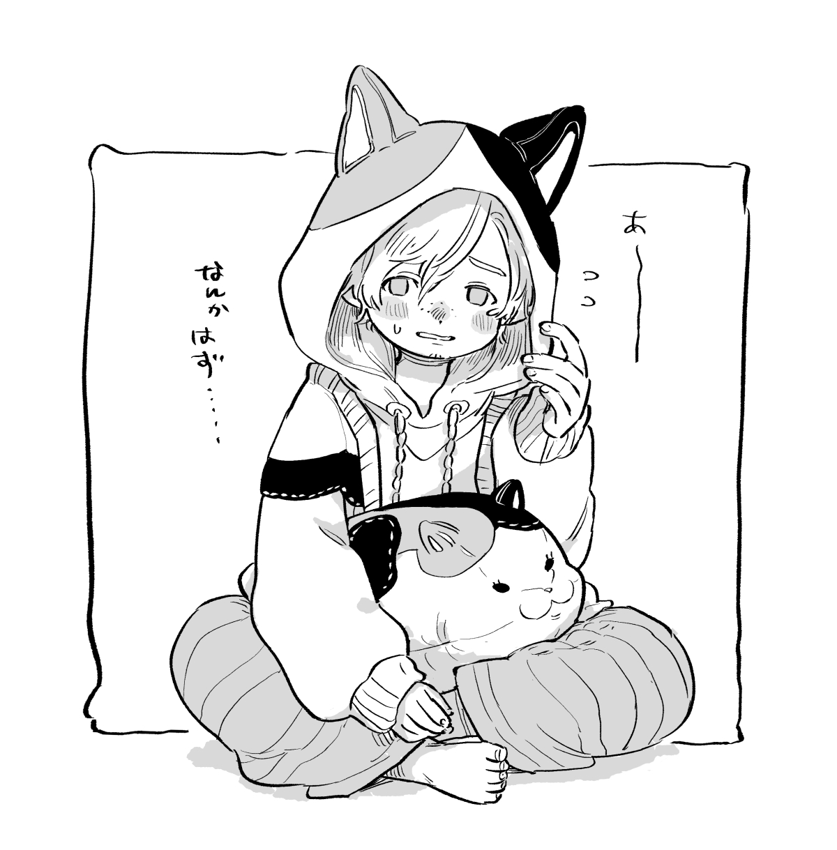 warrior of light (ff14), final fantasy, final fantasy xiv, commentary request, highres, translation request, 1boy, animal hood, ano amesuke, baggy pants, cat hood, facial hair, flying sweatdrops, goatee, hood, hoodie, indian style, lalafell, male focus, pants, pointy ears, sitting, solo, stuffed animal, stuffed cat, stuffed toy, sweatdrop