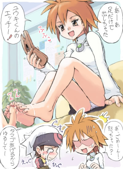 mimolette (mimo), brendan (pokemon), brigette (pokemon), nintendo, pokemon, pokemon box ruby & sapphire, pokemon rse, translated, 00s, 1boy, 1girl, ^^^, barefoot, bdsm, beanie, bed, blush, bondage, bound, bridgette, brown hair, clothed female nude male, cum, cum on body, cum on feet, cumdrip, feet, femdom, footjob, foreskin, hat, hetero, nude, orange hair, panties, penis, phimosis, photographic proof, short hair, sitting, soles, sweatdrop, tears, toes, uncensored, underwear