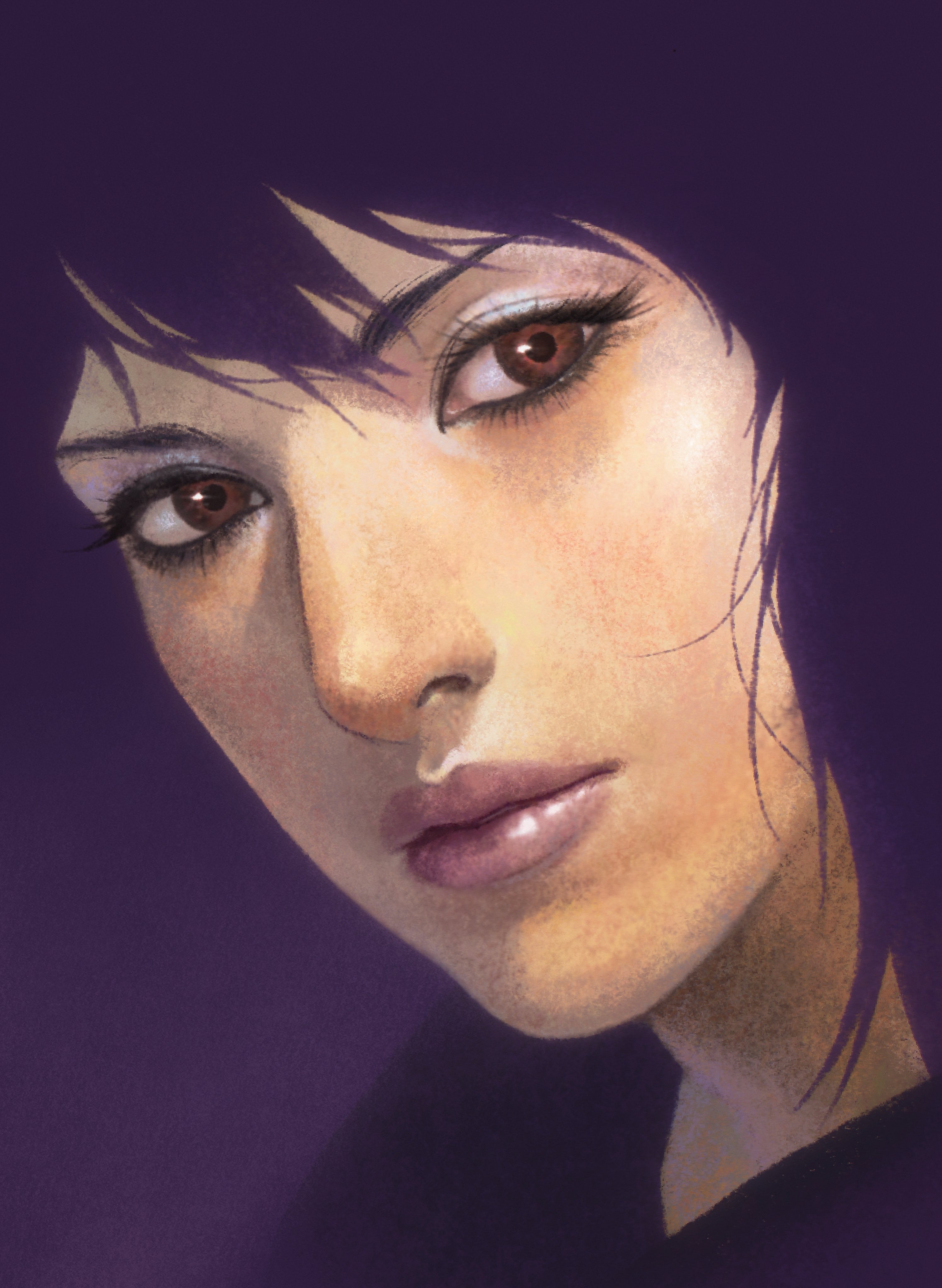 aizheajsee, ghost in the shell, ghost in the shell: stand alone complex, absurdres, highres, 1girl, expressionless, head only, looking at viewer, medium hair, portrait, purple eyes, realistic, red eyes, solo