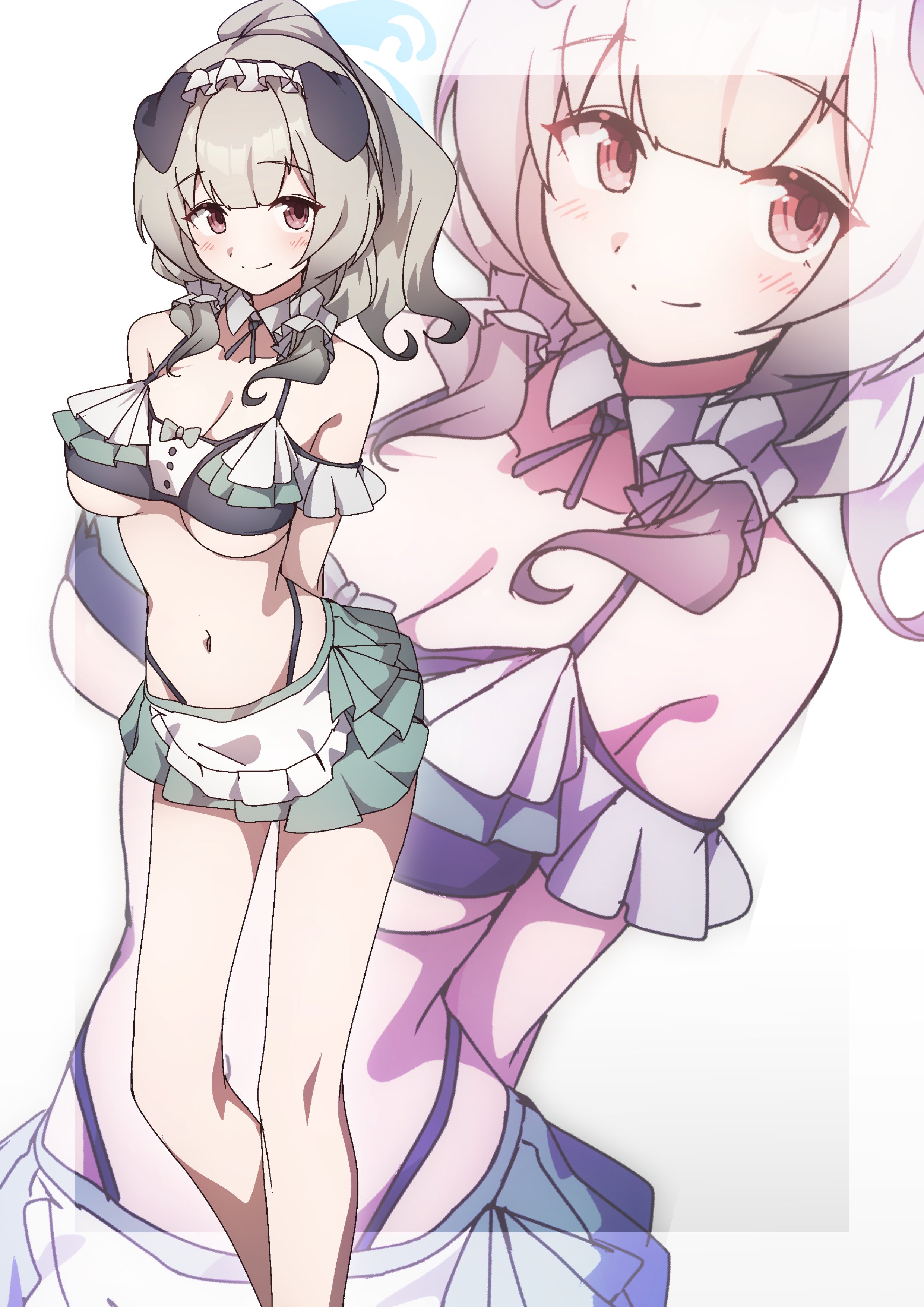 to (tototo tk), umika (blue archive), blue archive, absurdres, commentary, highres, 1girl, animal ears, apron, bikini, blue halo, breasts, brown eyes, cleavage, collarbone, dog ears, dog girl, green hair, halo, large breasts, long hair, looking at viewer, maid, maid apron, maid bikini, navel, smile, solo, stomach, swimsuit, unconventional maid, waist apron, zoom layer