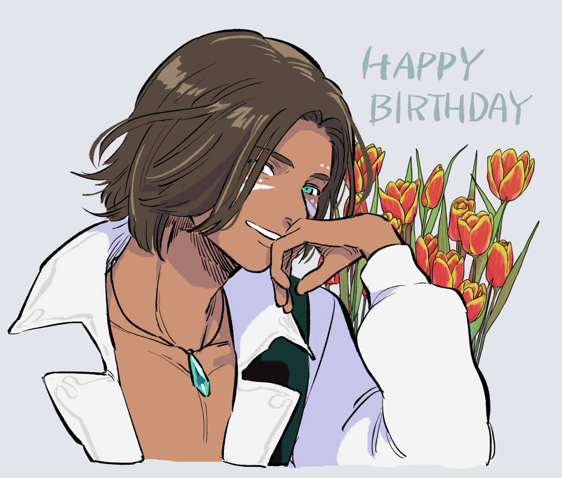 original, commentary request, 1boy, ano amesuke, aqua eyes, borrowed character, brown hair, crystal, dark-skinned male, dark skin, flower, happy birthday, jacket, jewelry, male focus, medium hair, necklace, solo, tulip, upper body, white jacket