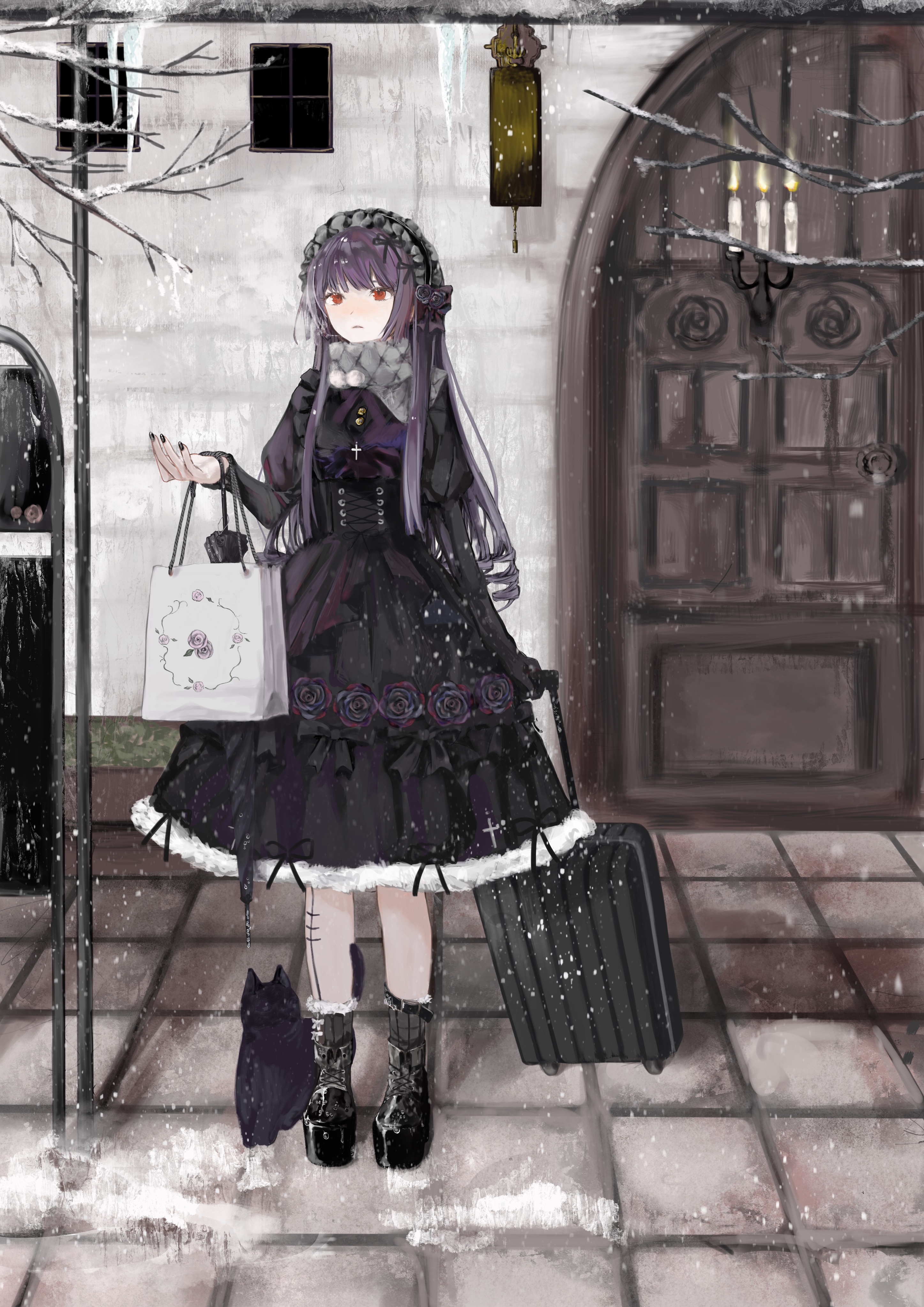original, absurdres, highres, 1girl, amazu (uzu amazu), bag, black boots, black cat, black dress, black hair, boots, cat, cross, crucifix, door, dress, full body, holding, lolita fashion, long hair, open mouth, outdoors, red eyes, snowing, solo, suitcase, tree