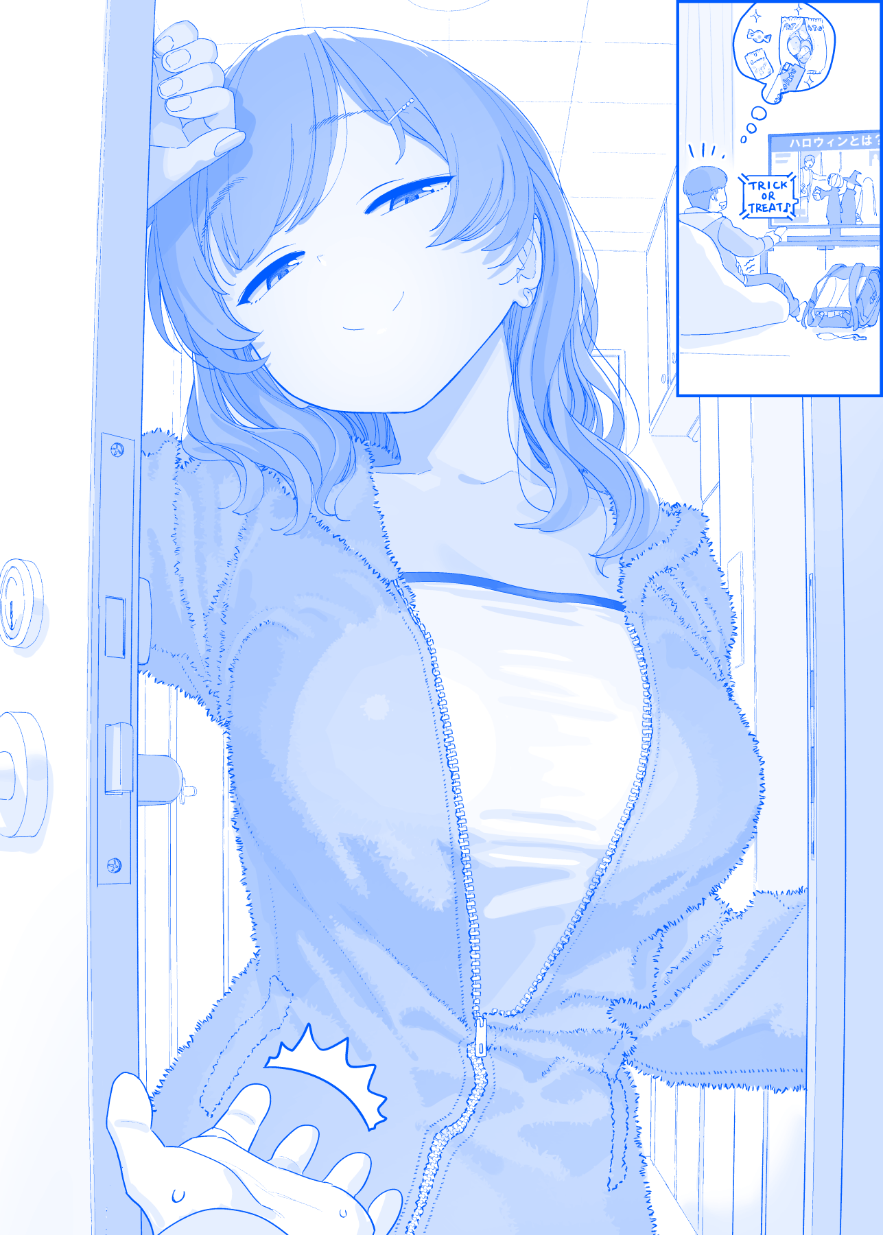 himura kiseki, tonari-chan (tawawa), getsuyoubi no tawawa, commentary request, highres, 1girl, ^^^, blue theme, breasts, candy, food, half-closed eyes, jumpsuit, large breasts, light smile, monochrome, pov, pov hands, surprised, television, trick or treat, watching television