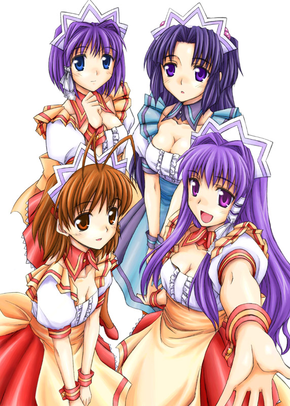 atsumuchi, chin (pixiv), hisakawa chin, fujibayashi kyou, fujibayashi ryou, furukawa nagisa, ichinose kotomi, clannad, bad id, bad pixiv id, 00s, 4girls, alternate costume, breasts, cleavage, large breasts, maid, matching outfits, medium breasts, multiple girls, siblings, sisters, twins, waitress