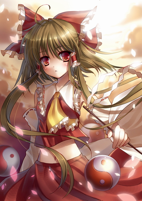 rie (reverie), hakurei reimu, touhou, 1girl, brown hair, detached sleeves, female focus, gohei, gradient background, japanese clothes, miko, navel, outdoors, petals, red eyes, skirt, sky, solo, yin yang