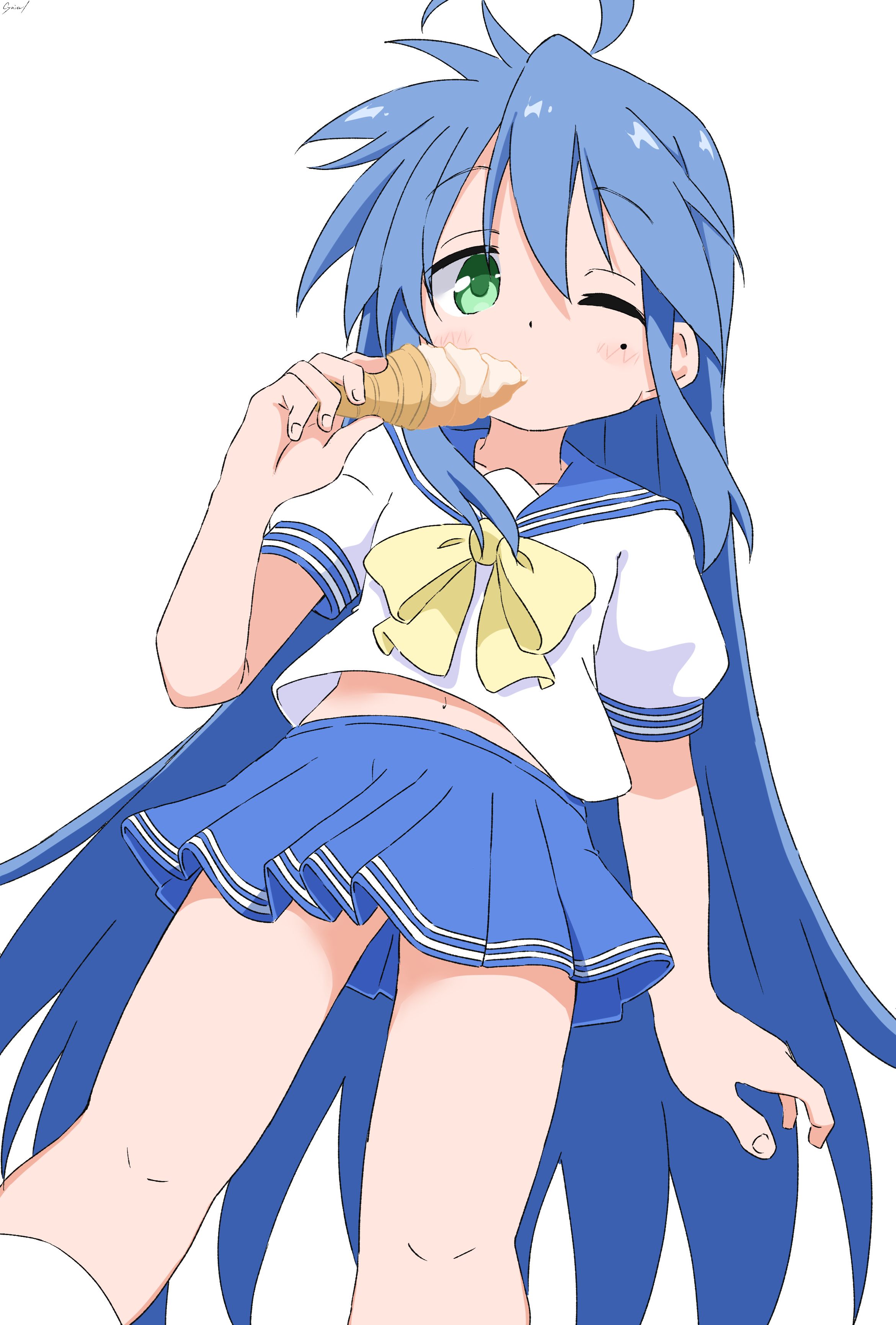 cynical (llcbluckg c004), izumi konata, lucky star, absurdres, commentary request, highres, 1girl, ahoge, arm at side, blonde hair, blue sailor collar, blue skirt, choppy bangs, dot nose, eating, feet out of frame, from below, green eyes, hand up, holding, holding ice cream cone, ice cream cone, long hair, looking at viewer, midriff peek, miniskirt, mole, mole under eye, navel, one eye closed, pleated skirt, ryouou school uniform, sailor collar, school uniform, shirt, short sleeves, simple background, skirt, solo, very long hair, white background, white shirt