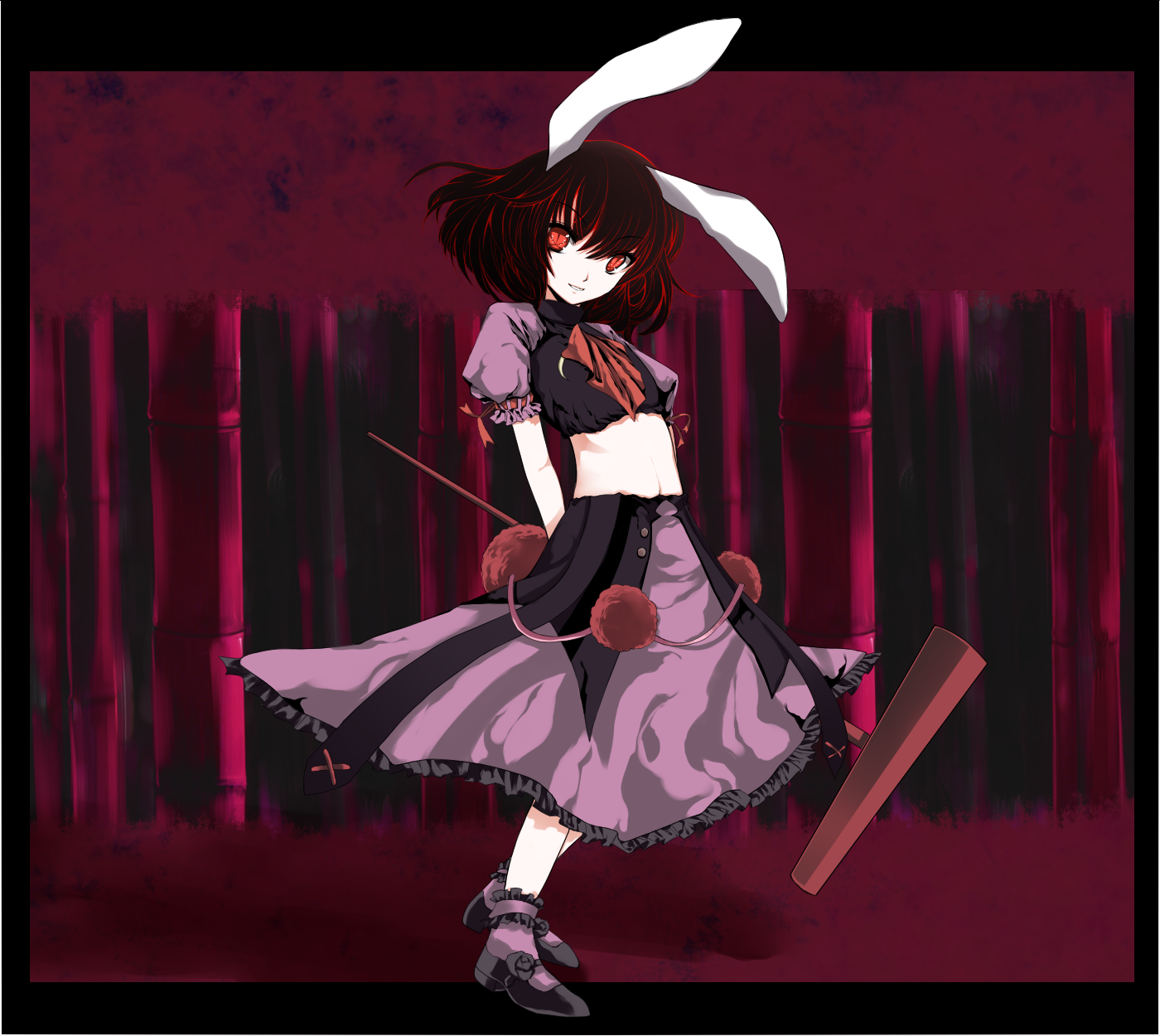 atoshi, inaba tewi, touhou, bad id, bad pixiv id, highres, 1girl, alternate costume, animal ears, arms behind back, black hair, crop top, female focus, hammer, kine, mallet, mary janes, midriff, rabbit ears, red eyes, red hair, shoes, short hair, skirt, slit pupils, smile, solo, standing