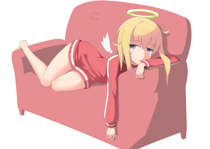 gabriel tenma white, gabriel dropout, angel wings, blonde hair, blue eyes, couch, halo, lying, red sweater, sakepirafu, slouching, solo, striped clothes, striped sweater, sweater, white background, wings, yellow halo