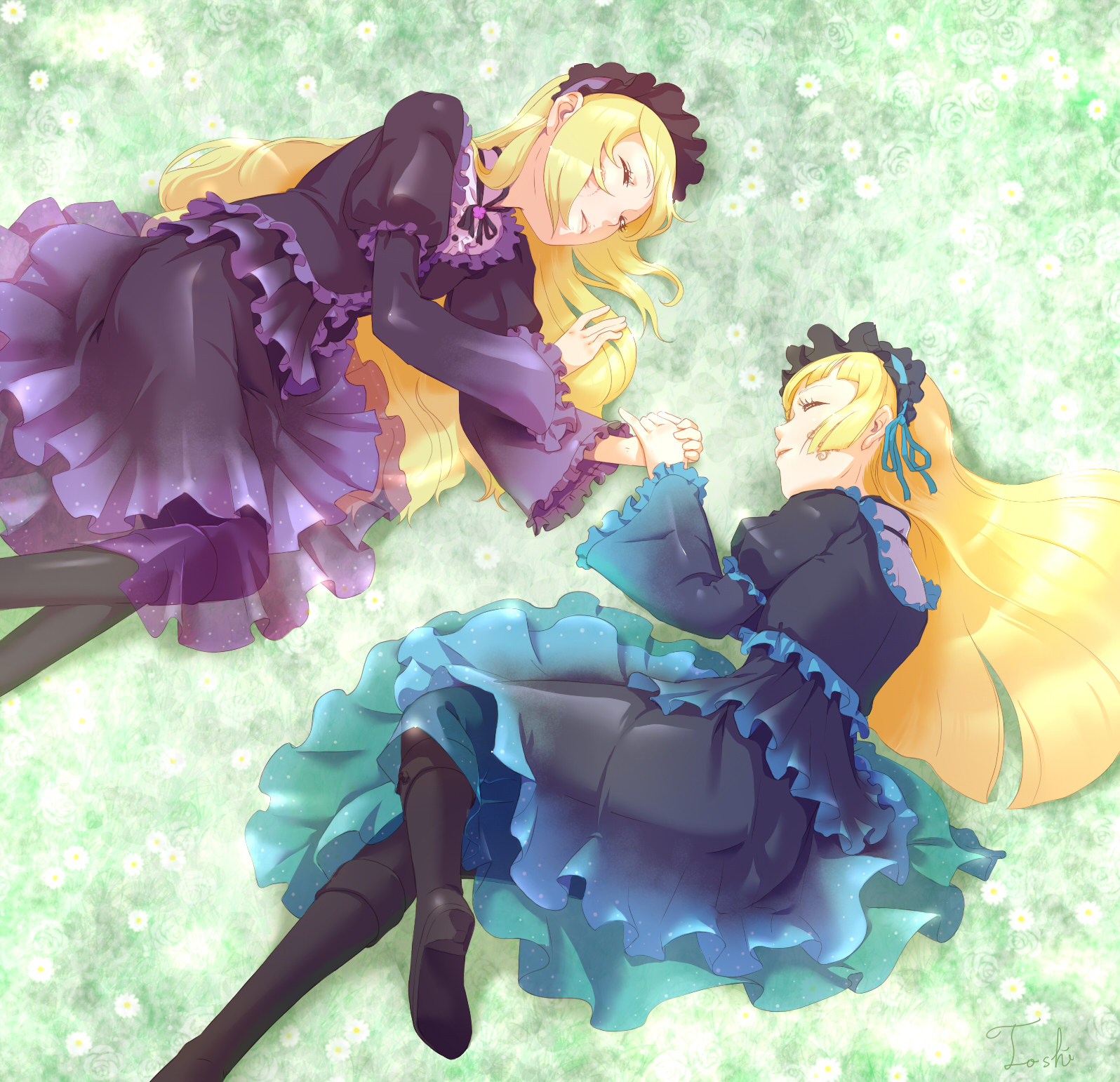 toshi punk, hortense (sound horizon), violette (sound horizon), roman (sound horizon), sound horizon, highres, 2girls, blonde hair, dress, holding hands, long hair, lying, matching outfits, multiple girls, pantyhose, sleeping
