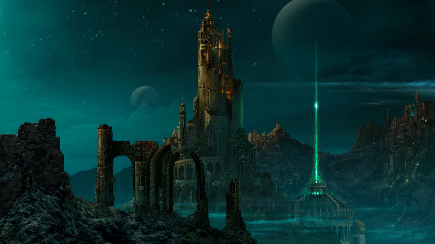 kazumasa uchio, uchio kazumasa, original, castle, cloud, dark, fantasy, fog, glowing, moon, night, no humans, scenery, sky, star (sky), star (symbol), starry sky