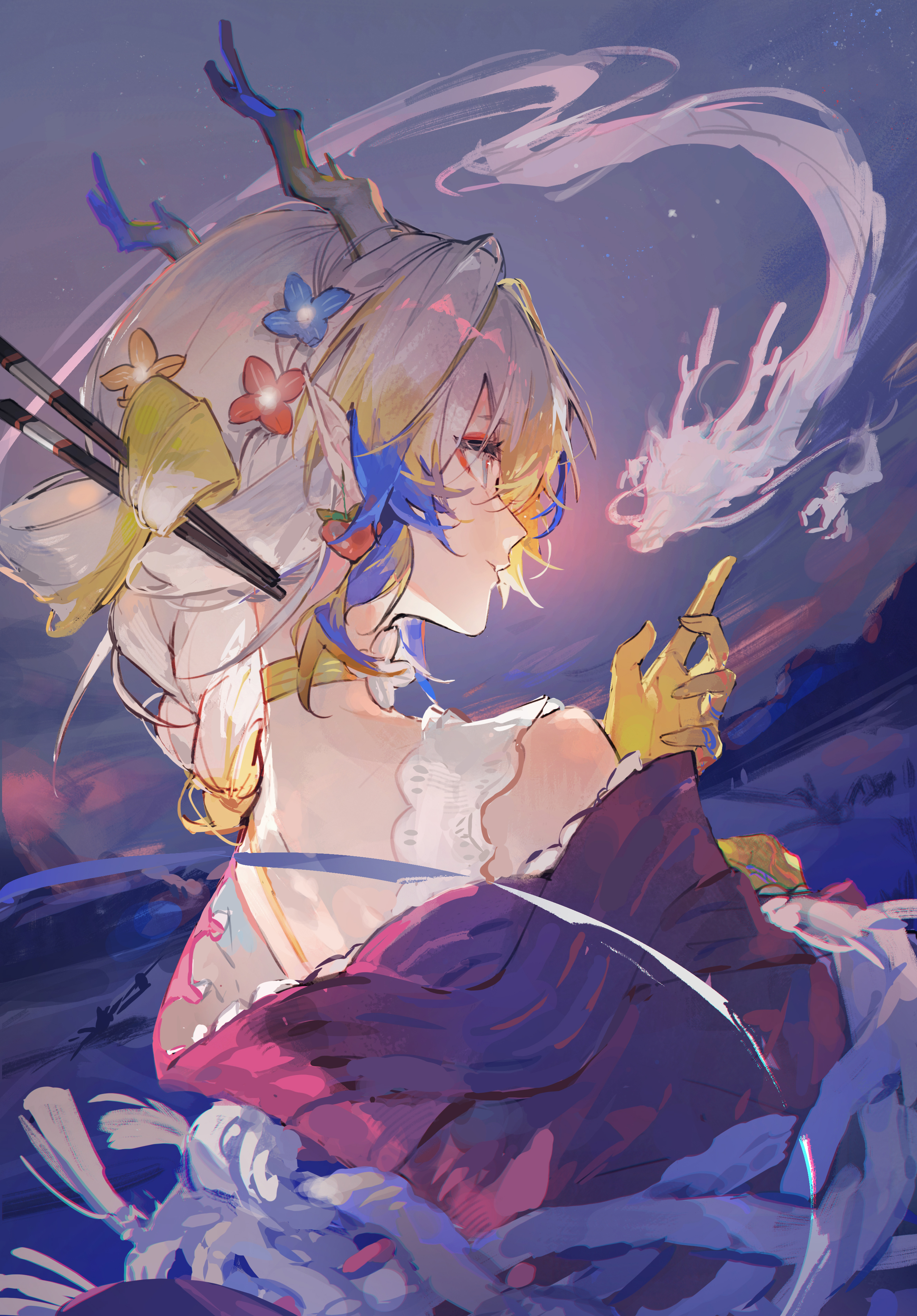 nonhaaa, shu (arknights), shu (spring feast) (arknights), arknights, absurdres, clothing request, highres, 1girl, blonde streaks, blue eyes, blue streaks, bow-shaped hair, braid, choker, colored extremities, dragon, eastern dragon, eastern dragon horns, eyeshadow, facing away, flower choker, from behind, hair ornament, hair stick, looking at another, makeup, multicolored hair, pointy ears, red eyeshadow, side braid, sky, solo, star (sky), starry sky, upper body, white hair, yellow choker