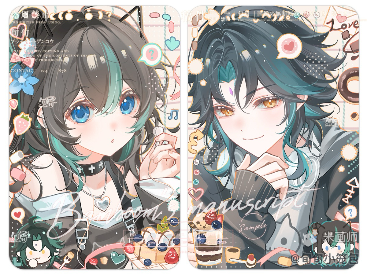 original, 1boy, 1girl, :o, ?, bare shoulders, black jacket, blue eyes, blue hair, border, brown hair, closed mouth, hand up, heart, jacket, jewelry, long hair, long sleeves, mihuashi username, multicolored hair, necklace, open clothes, open jacket, parted lips, portrait, smile, spoken heart, spoken question mark, streaked hair, two-tone hair, watermark, white border, xun xun xiaolongbao, yellow eyes