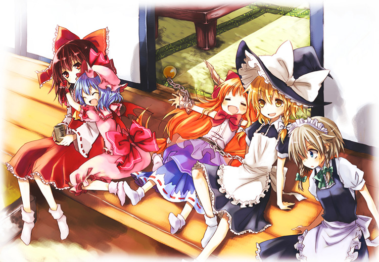 miya (tsumazukanai), hakurei reimu, ibuki suika, izayoi sakuya, kirisame marisa, remilia scarlet, touhou, silver hair, 5girls, apron, bat wings, black hair, blonde hair, blue eyes, blue hair, blush, bow, braid, brown hair, chain, closed eyes, collared shirt, detached sleeves, dress, fang, female focus, frilled bow, frills, hair bow, hair tubes, hairband, hat, horns, hug, long hair, maid, maid apron, maid headdress, mob cap, multiple girls, open mouth, orange hair, outdoors, pink dress, porch, puffy short sleeves, puffy sleeves, red eyes, ribbon, shirt, short hair, short sleeves, sleeping, smile, socks, twin braids, wide sleeves, wings, witch hat, wrist cuffs, yellow eyes