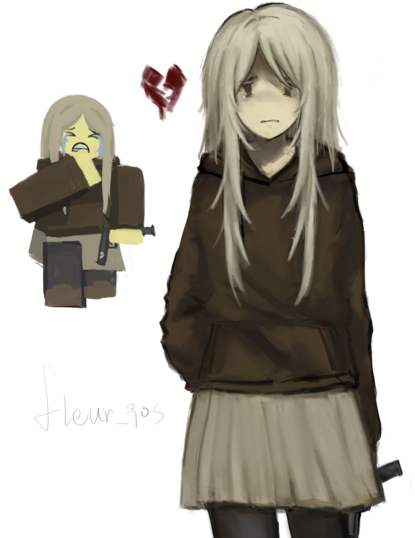 roblox, highres, 1girl, black thighhighs, blonde hair, brown hoodie, brown shoes, flat chest, frown, green skirt, gun, holding, hood, hoodie, long hair, looking at viewer, pale color, shoes, skirt, tears, thighhighs, weapon, white background