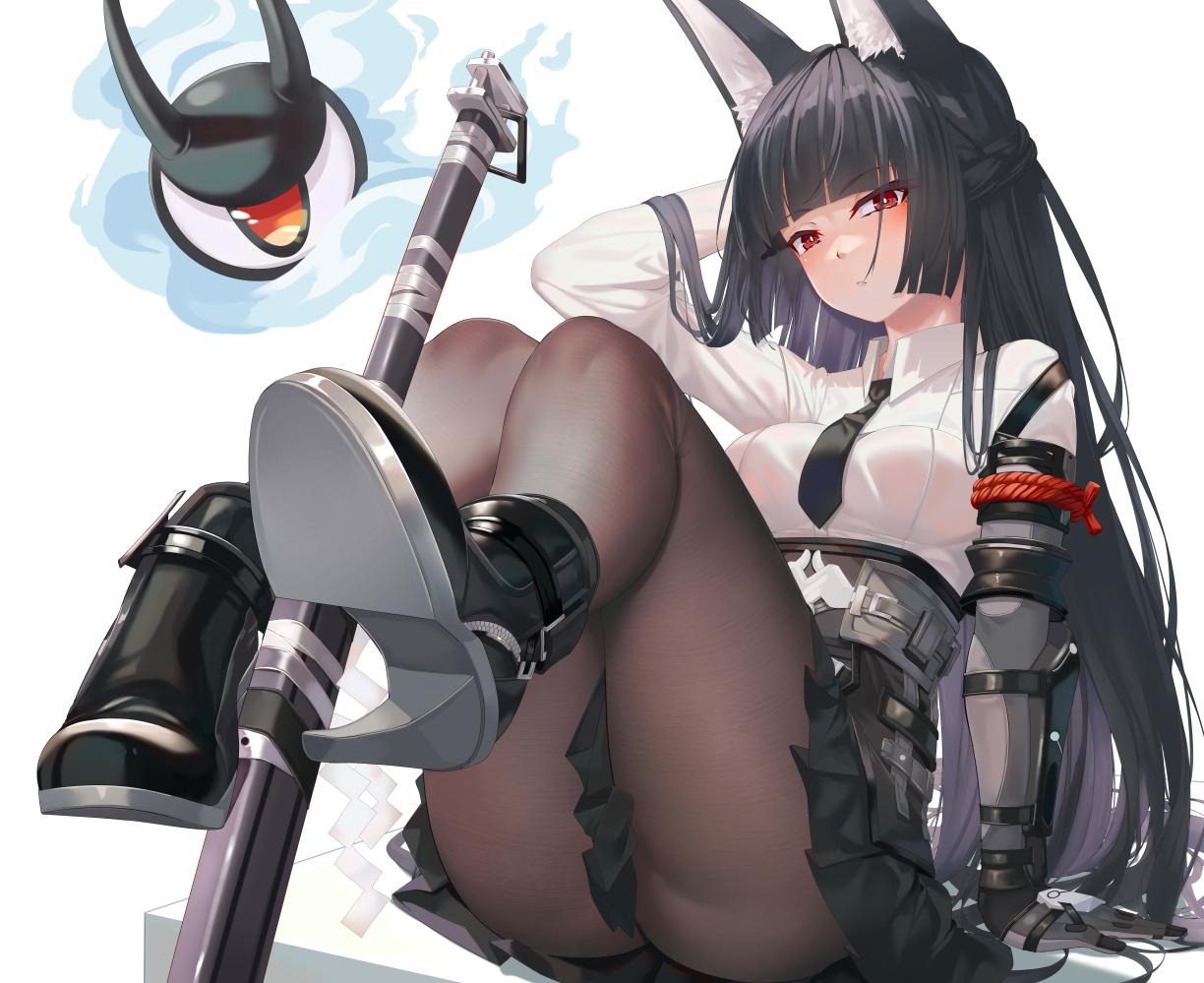 aoi (buzhuen444), hoshimi miyabi, tailless (zenless zone zero), zenless zone zero, 1girl, animal ear fluff, animal ears, barefoot, black hair, black necktie, black pantyhose, black skirt, blunt bangs, boots, breasts, closed mouth, feet, fox ears, fox girl, gloves, high heel boots, high heels, katana, long hair, looking at viewer, medium breasts, necktie, pantyhose, pleated skirt, red eyes, shirt, sitting, skirt, sword, thighs, weapon, white background, white shirt