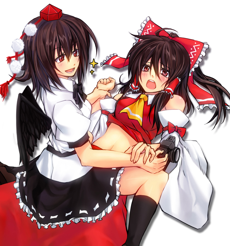 tsujigiri, hakurei reimu, shameimaru aya, touhou, 2girls, black hair, black wings, blush, brown eyes, brown hair, camera, detached sleeves, female focus, girl on top, hair ribbon, hat, holding another's wrist, japanese clothes, kneehighs, long hair, midriff, miko, multiple girls, red eyes, restrained, ribbon, short hair, sitting, sitting on person, skirt, socks, straddling, tokin hat, wings, yuri