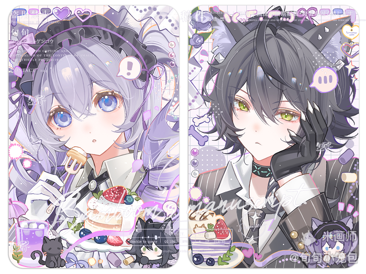 original, !, 1boy, 1girl, :o, animal ear fluff, animal ears, black gloves, black hair, black hairband, black jacket, black necktie, blue eyes, border, cat boy, cat ears, cat girl, cat tail, closed mouth, collared shirt, double-parted bangs, gloves, green eyes, hair between eyes, hairband, head rest, jacket, long hair, long sleeves, mihuashi username, necktie, open mouth, portrait, purple hair, shirt, short hair, spoken blush, spoken exclamation mark, tail, watermark, white border, white gloves, white shirt, xun xun xiaolongbao