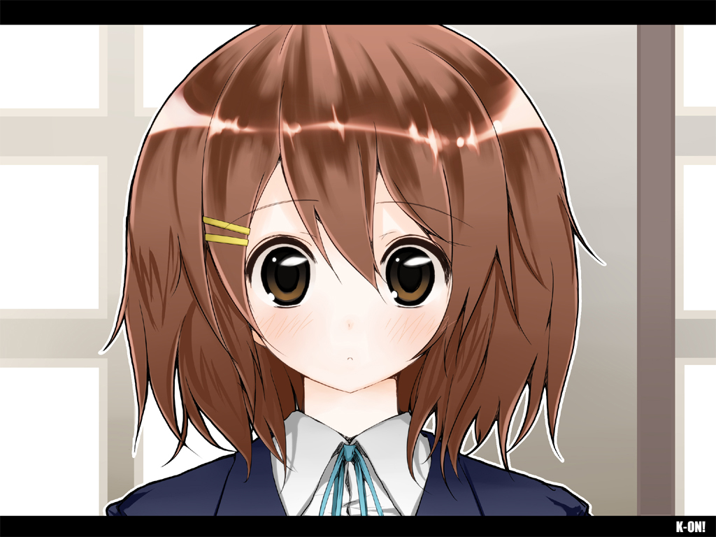 suzume miku, hirasawa yui, k-on!, bad id, bad pixiv id, 00s, 1girl, blush, brown eyes, brown hair, female focus, hair ornament, hairclip, letterboxed, portrait, school uniform, short hair, solo