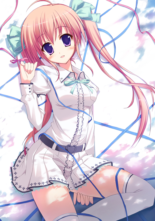 saeki nao, urushizawa takayuki, original, 1girl, belt, blush, female focus, long hair, pink hair, purple eyes, sitting, skirt, smile, solo, thighhighs, twintails, white thighhighs