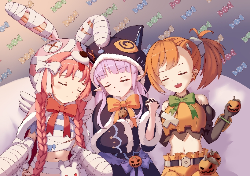 tomamo2018, kyoka (princess connect!), mimi (princess connect!), misogi (princess connect!), princess connect!, animal ears, arm wrap, bandaged arm, bandaged hand, bandaged head, bandaged leg, bandaged neck, bandages, bandaid, bandaid on arm, bandaid on cheek, bandaid on face, bandaid on leg, bare shoulders, basket, belt, black cloak, black hat, black sleeves, blush, bow, braid, breasts, budget sarashi, candy, candy cane, candy wrapper, cast, cat ears, checkerboard cookie, cloak, closed eyes, closed mouth, cookie, crop top, emoji, fence, food, ghost, ghost costume, hair ornament, hairband, halloween, halloween bucket, halloween costume, happy halloween, hat, hood, hood down, jacket, lollipop, long hair, medium breasts, mummy, mummy costume, naked bandage, navel, no shirt, open mouth, orange shorts, pants, pennant, pleated skirt, pointy ears, puffy sleeves, pumpkin, pumpkin hat, ribbon, sarashi, shirt, shorts, side ponytail, silk, single thighhigh, skirt, small breasts, smile, spider web, stitches, string of flags, swirl lollipop, syringe, thighhighs, tombstone, trick or treat, twin braids, twintails, unworn hat, unworn headwear, vampire costume, very long hair, white bow, witch hat, wrist wrap