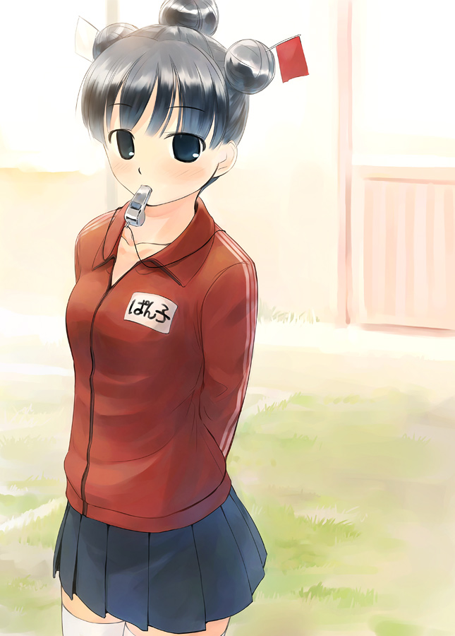 ikeda jun (mizutamari), original, black eyes, double bun, grey hair, gym uniform, hair bun, skirt, solo, thighhighs, track suit, whistle, white thighhighs, zettai ryouiki
