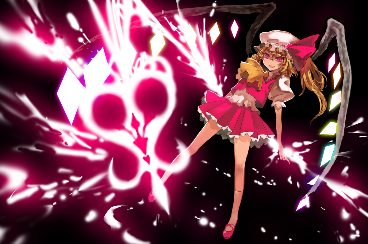 sauna (sauna d), flandre scarlet, touhou, bad id, bad pixiv id, 1girl, ascot, blonde hair, fangs, female focus, glowing, hat, laevatein, long hair, magic, open mouth, petticoat, pink eyes, short hair, side ponytail, skirt, smile, solo, wings