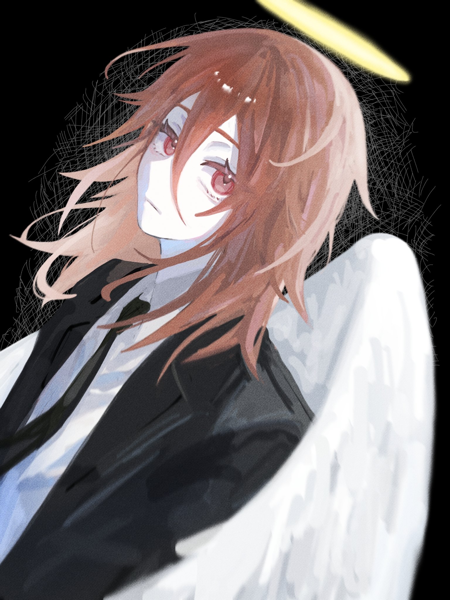angel devil (chainsaw man), chainsaw man, commentary, highres, 1boy, angel, angel wings, black background, black necktie, black suit, brown eyes, brown hair, closed mouth, collared shirt, feathered wings, formal clothes, glowing, glowing halo, hair between eyes, halo, long hair between eyes, looking at viewer, male focus, medium hair, necktie, shirt, shusyu, suit, traditional halo, upper body, white shirt, white wings, wings