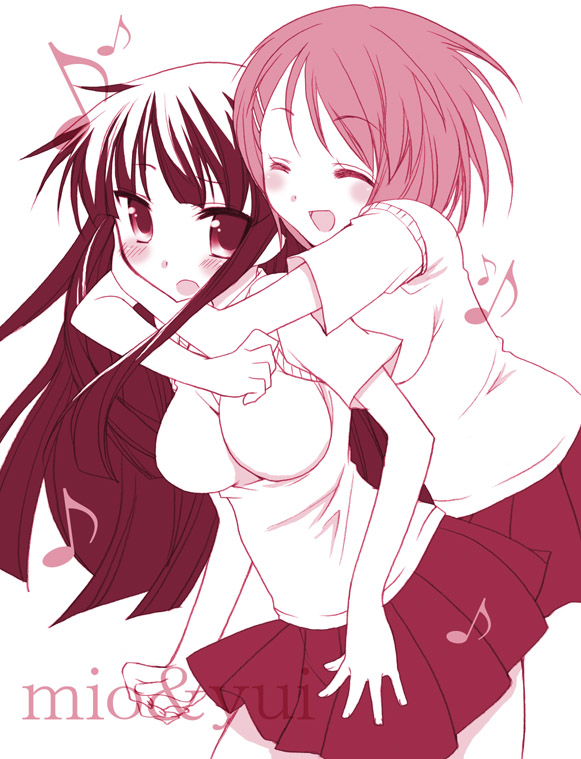 saiya, akiyama mio, hirasawa yui, k-on!, 00s, 2girls, blush, happy, hug, long hair, monochrome, multiple girls, pink theme, short hair, skirt, sweater