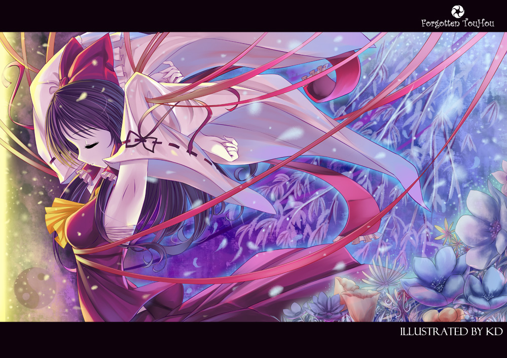 caidychen, hakurei reimu, touhou, 1girl, armpits, black hair, closed eyes, detached sleeves, female focus, flower, hair ribbon, japanese clothes, letterboxed, long hair, miko, ribbon, sarashi, solo, watermark