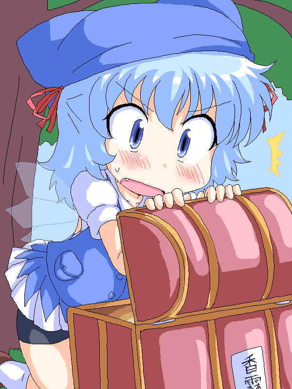 geetsu, cirno, touhou, 1girl, alternate costume, animal hat, bike shorts, blue eyes, blue hair, blush, cat hat, fang, female focus, hat, kneeling, matching hair/eyes, pocket, short hair, solo, treasure chest, wings
