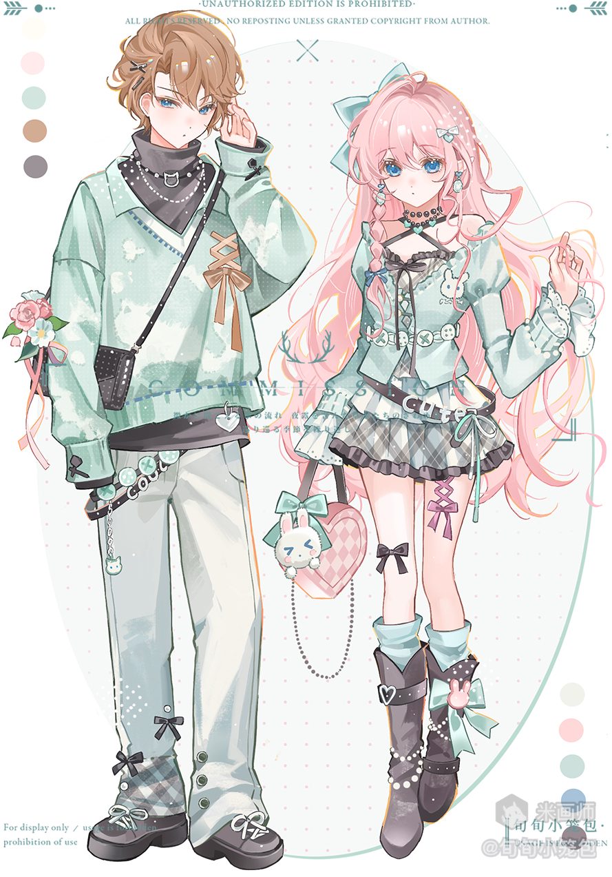 original, commission, highres, 1boy, 1girl, black shirt, black sweater, blue bow, blue hair, blue shirt, blue skirt, blue socks, boots, bow, brown boots, brown hair, brown shoes, closed mouth, color guide, frilled skirt, frills, full body, hair bow, hand up, jewelry, juliet sleeves, long hair, long sleeves, looking at viewer, mihuashi username, necklace, pants, pink hair, plaid clothes, plaid skirt, pleated skirt, puffy sleeves, shirt, shoes, short hair, skirt, socks, standing, sweater, turtleneck, turtleneck shirt, watermark, white background, white pants, xun xun xiaolongbao