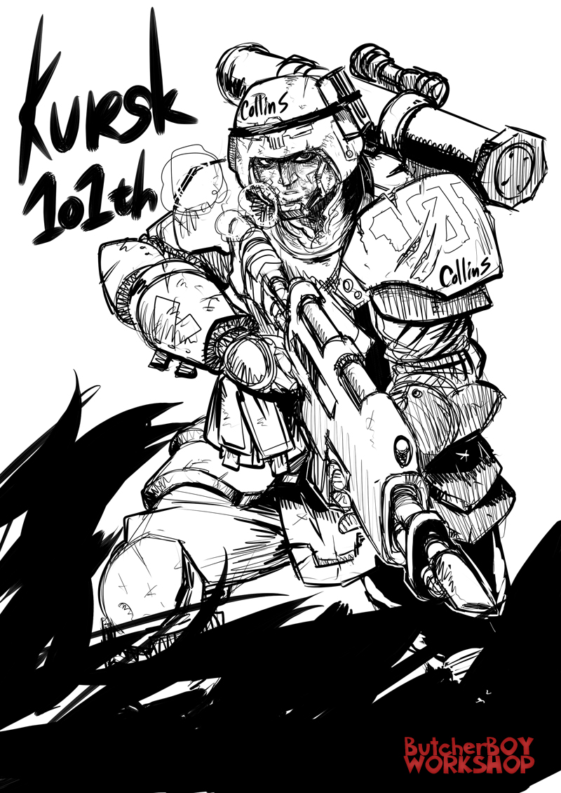 butcherboy, astra militarum, warhammer 40k, 1boy, armor, english text, engrish text, greyscale, gun, male focus, monochrome, ranguage, soldier, solo, weapon
