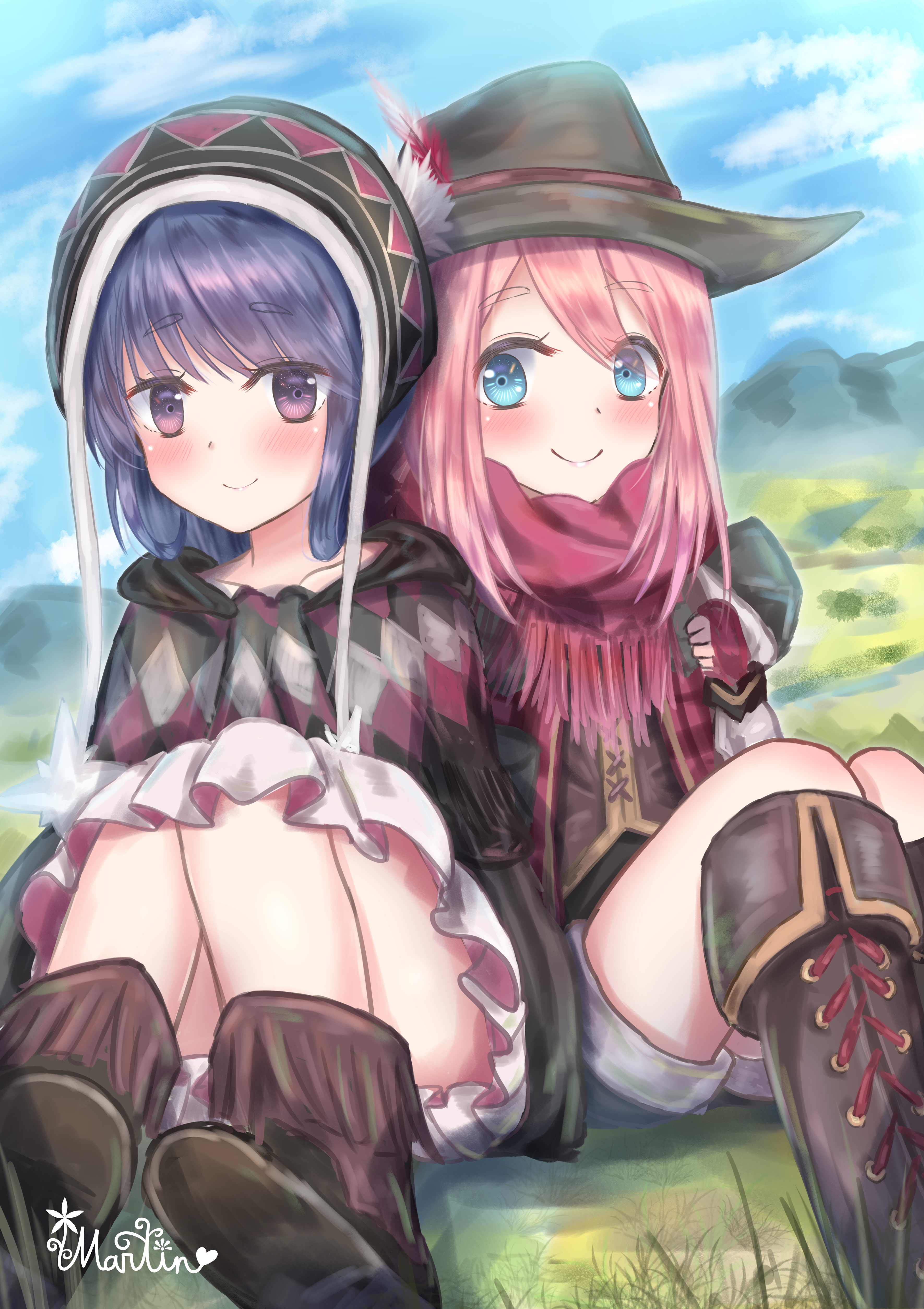 martinreaction, kagamihara nadeshiko, shima rin, yurucamp, absurdres, highres, blue eyes, blue hair, blue sky, blush, boots, closed mouth, cloud, cloudy sky, day, dress, gloves, grass, hat, hood, long hair, mountain, outdoors, pink hair, sitting, sky, smile