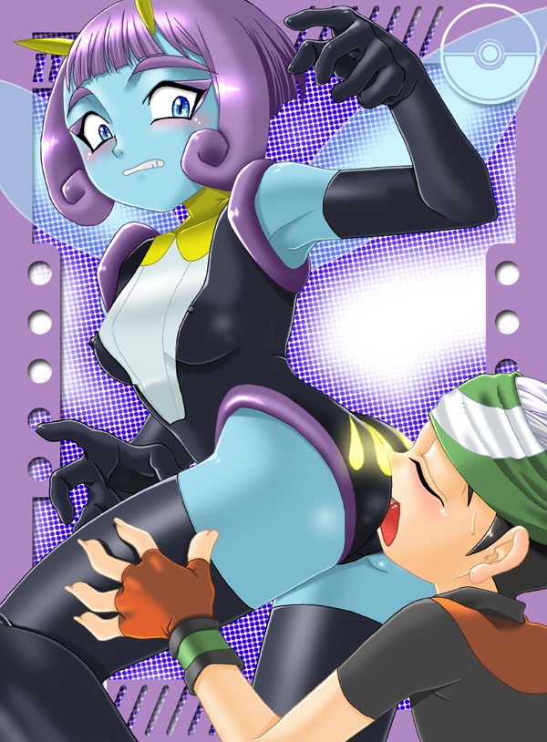 darekawa-iwanai, brendan (pokemon), illumise, nintendo, pokemon, pokemon emerald, pokemon rse, tagme, 1boy, 1girl, antennae, armpits, blue eyes, blue skin, colored skin, covered erect nipples, gen 3 pokemon, insect wings, personification, purple hair, wings