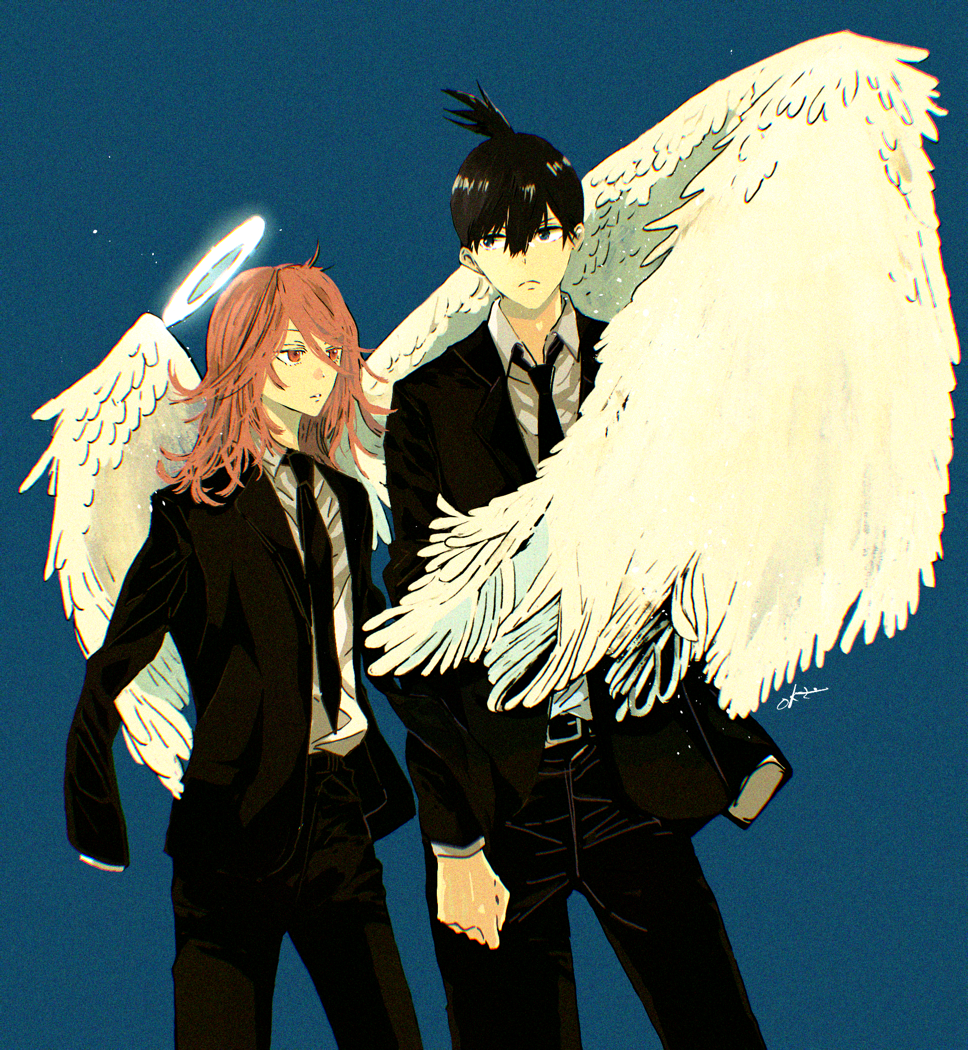 angel devil (chainsaw man), hayakawa aki, chainsaw man, commentary, highres, angel, angel wings, ashita no okz, black eyes, black hair, black necktie, black pants, black suit, blue background, brown eyes, brown hair, closed mouth, collared shirt, feathered wings, formal clothes, glowing, glowing halo, hair between eyes, halo, long hair between eyes, long sleeves, male focus, medium hair, necktie, pants, shirt, short hair, standing, suit, topknot, traditional halo, white shirt, white wings, wings
