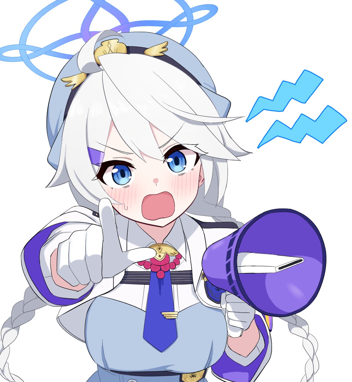 hururu game, kirino (blue archive), blue archive, highres, 1girl, blue eyes, blue halo, blush, gloves, halo, hat, looking at viewer, open mouth, police, police hat, police uniform, policewoman, simple background, solo, speaker, white background, white gloves, white hair