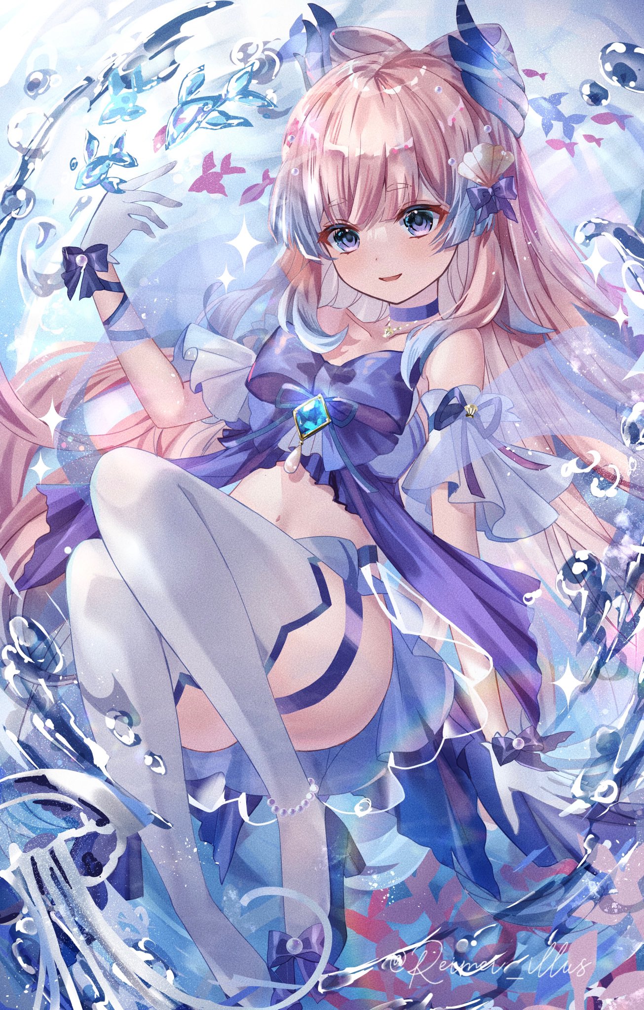 kebaboishii, sangonomiya kokomi, genshin impact, highres, air bubble, bare shoulders, blue bow, bow, breasts, bubble, dress, fish, gloves, long hair, navel, smile, solo, thighhighs, underwater, very long hair, water, white gloves