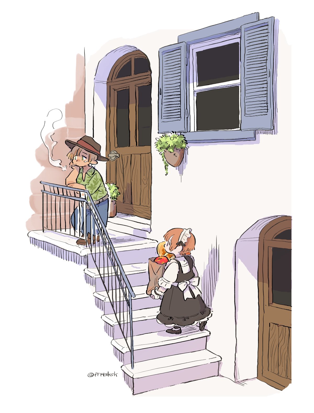 warrior of light (ff14), final fantasy, final fantasy xiv, commentary request, highres, 1boy, 1girl, against railing, ano amesuke, bag, black dress, blonde hair, brown hat, cigarette, door, dress, green eyes, green shirt, grocery bag, hat, holding, holding bag, lalafell, long dress, maid, maid headdress, orange hair, paper bag, railing, shirt, shopping bag, short hair, smoking, stairs, twitter username