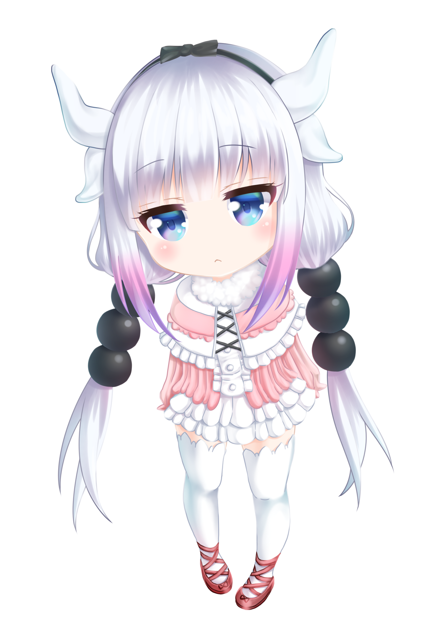 tsuruoka masayoshi to junjou romantica 2, kanna kamui, kobayashi-san chi no maidragon, highres, beads, black hairband, blue eyes, blush, bow, dragon horns, dress, gradient background, gradient hair, hair beads, hair ornament, hairband, horns, jitome, long hair, multicolored hair, shoes, simple background, solo, standing, tail, thighhighs, twintails, white background