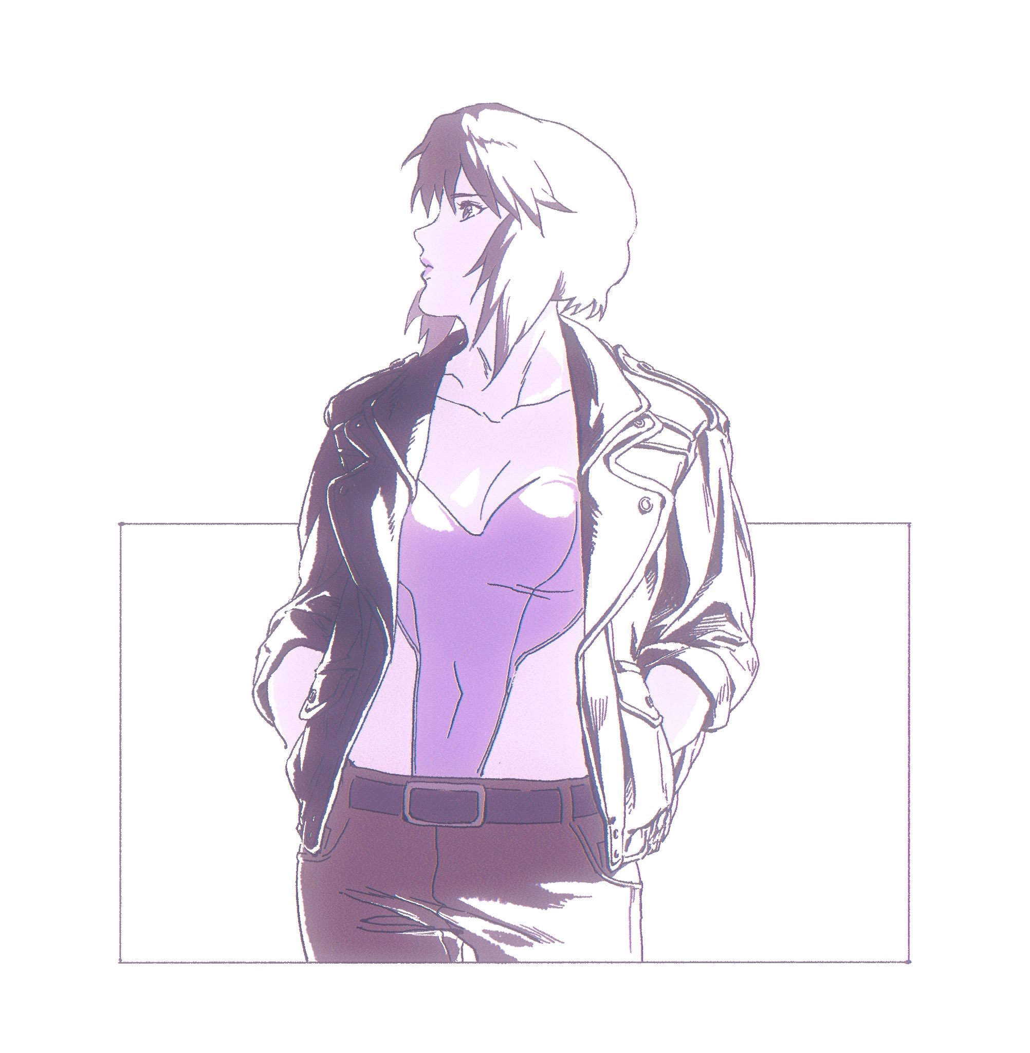 aizheajsee, kusanagi motoko, ghost in the shell, ghost in the shell: stand alone complex, highres, 1girl, belt, black jacket, from side, hands in pockets, jacket, leotard, looking to the side, medium hair, pants, purple eyes, purple hair, solo