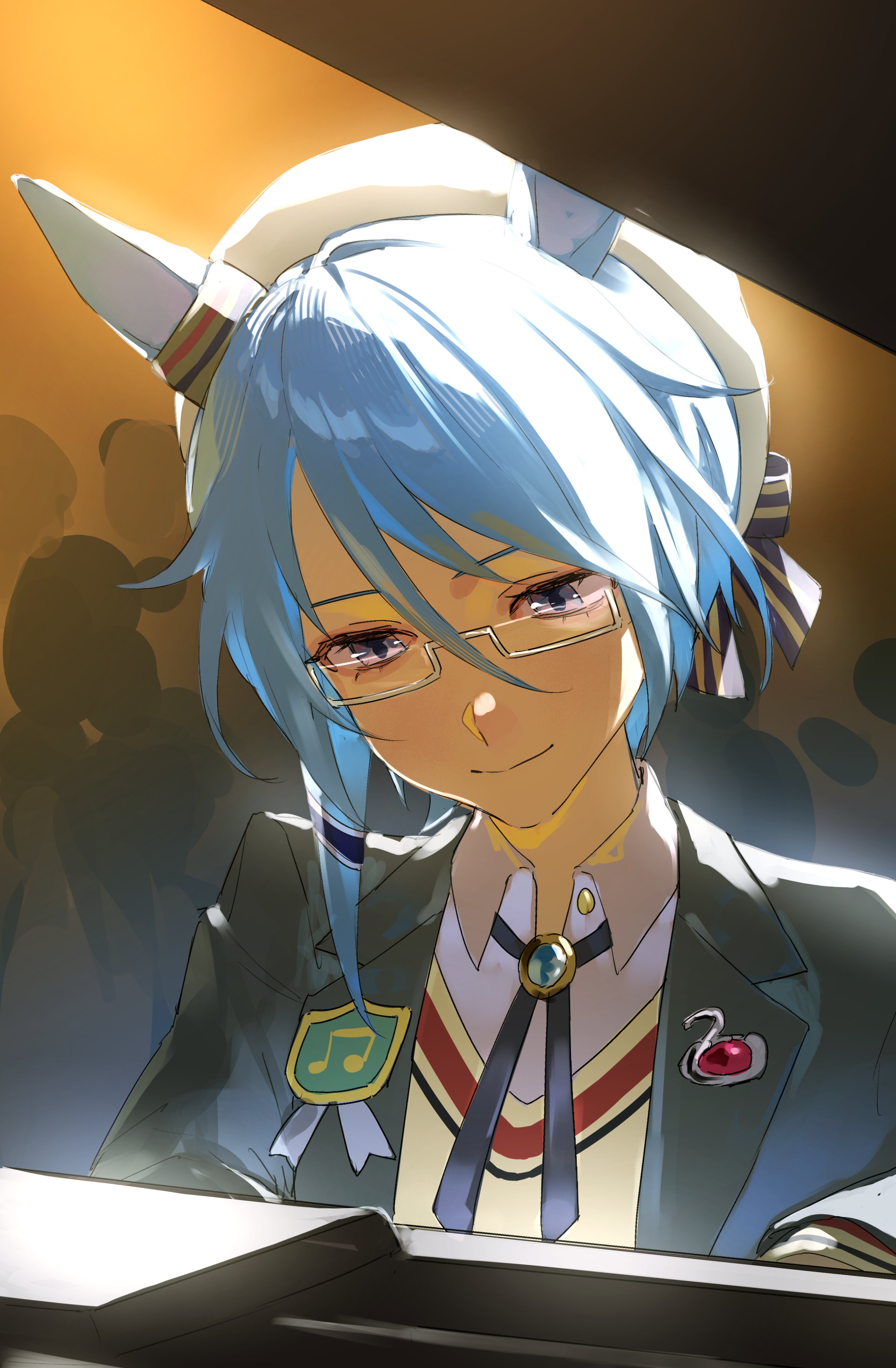 333takoyaki, k.s.miracle (umamusume), umamusume, absurdres, commentary request, highres, 1girl, animal ears, black jacket, blue hair, closed mouth, collared shirt, glasses, hair between eyes, hat, horse ears, horse girl, instrument, jacket, k.s.miracle (autumn color andante) (umamusume), music, musical note, piano, playing instrument, purple eyes, shirt, short hair, solo, upper body, white hat, white shirt