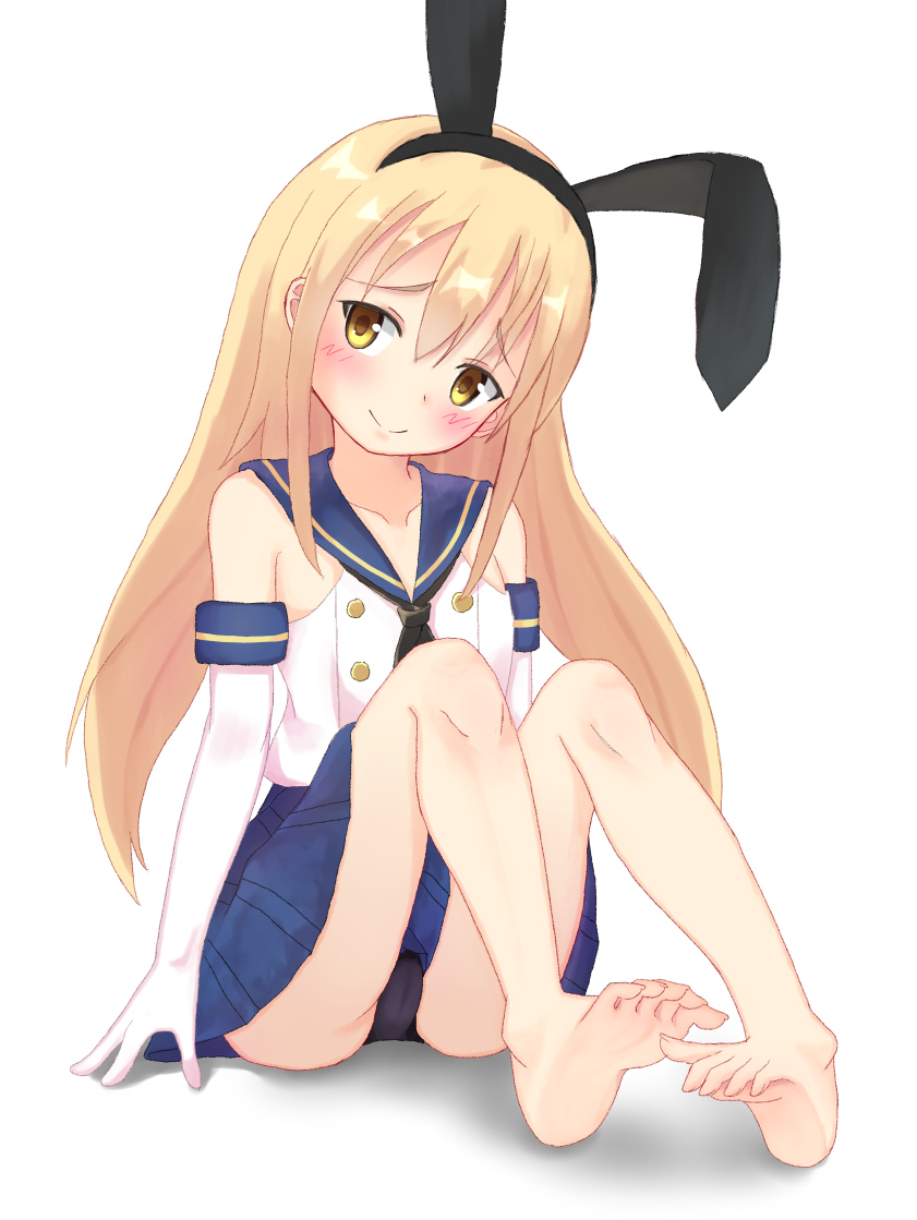nanakusa fumi, shimakaze (kancolle), kantai collection, alternate eye color, anchor hair ornament, barefoot, black hairband, black necktie, black panties, blonde hair, blue skirt, blush, crop top, feet, gloves, hair ornament, hairband, highleg, highleg panties, long hair, microskirt, miniskirt, necktie, panties, pleated skirt, sailor collar, school uniform, sitting, skirt, smile, solo, thighhighs, toes, underwear, white gloves