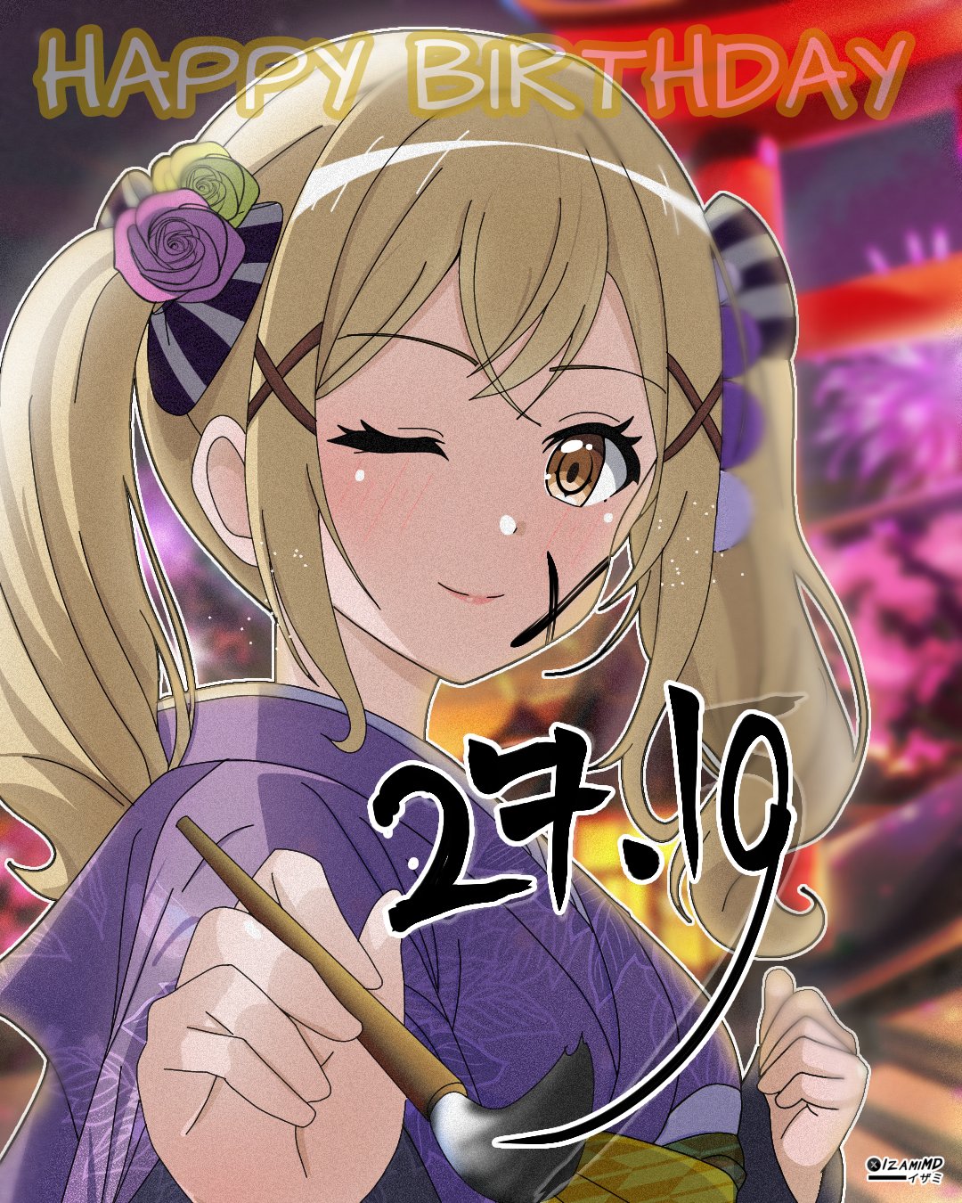 izami md, ichigaya arisa, bang dream!, highres, 1girl, blonde hair, blurry, blurry background, brown eyes, festival, flower, hair flower, hair ornament, happy birthday, holding, japanese clothes, kimono, looking at viewer, one eye closed, paintbrush, smile, solo, twintails, upper body