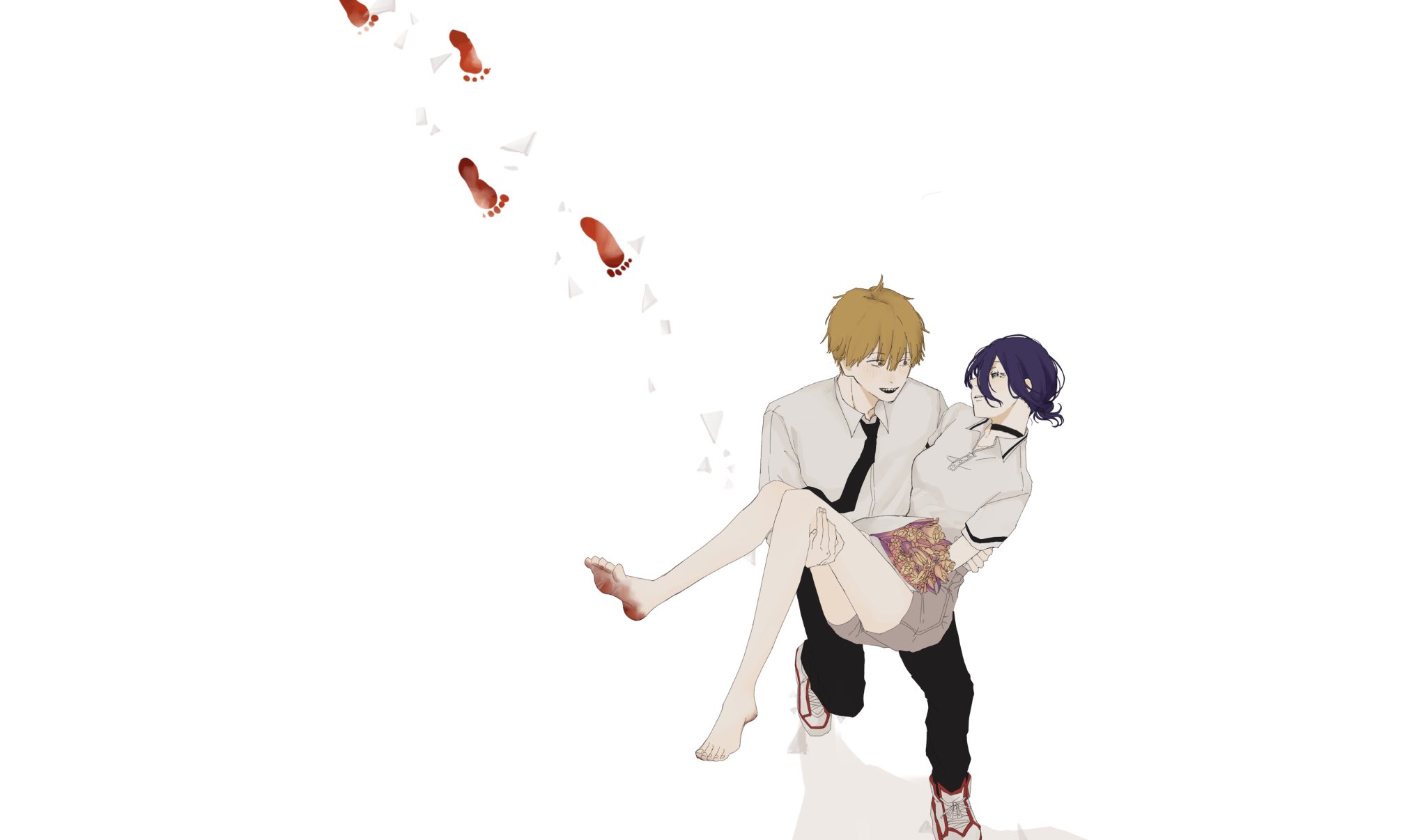 denji (chainsaw man), reze (chainsaw man), chainsaw man, commentary request, highres, 1boy, 1girl, barefoot, black choker, black necktie, black pants, blonde hair, blood, blood on feet, carrying, choker, collared shirt, footprints, full body, grey shorts, hair between eyes, hair bun, hetero, kutusitaniki, long hair between eyes, looking at another, necktie, pants, polo shirt, princess carry, purple hair, shirt, short hair, shorts, simple background, walking, white background, white shirt