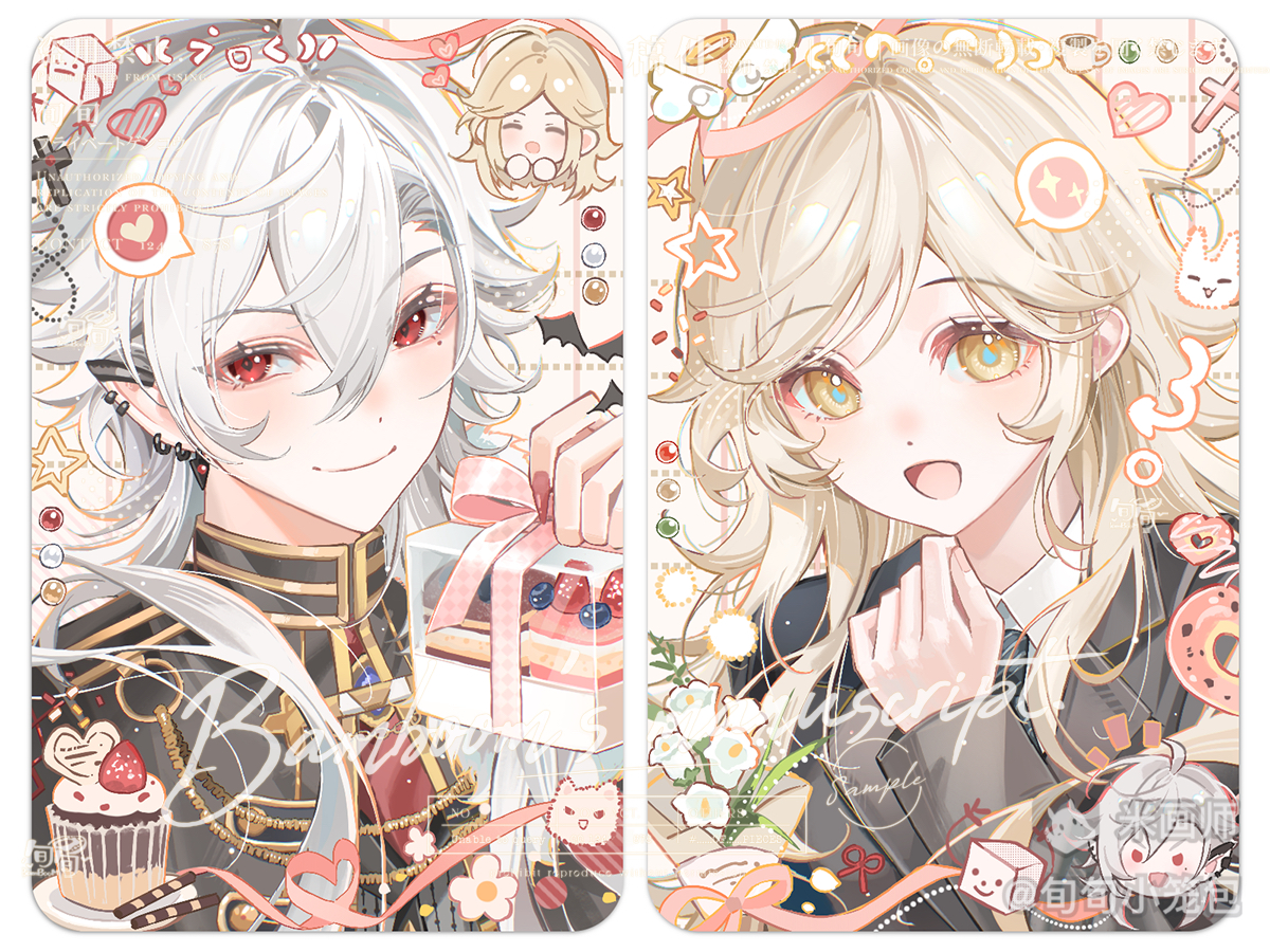 original, 1boy, 1girl, :d, black shirt, blonde hair, blue necktie, border, closed mouth, cupcake, double-parted bangs, food, hair between eyes, hand up, heart, long hair, long sleeves, looking at viewer, mihuashi username, necktie, open mouth, portrait, red eyes, red necktie, shirt, short hair, smile, spoken heart, spoken sparkle, watermark, white border, white hair, xun xun xiaolongbao, yellow eyes